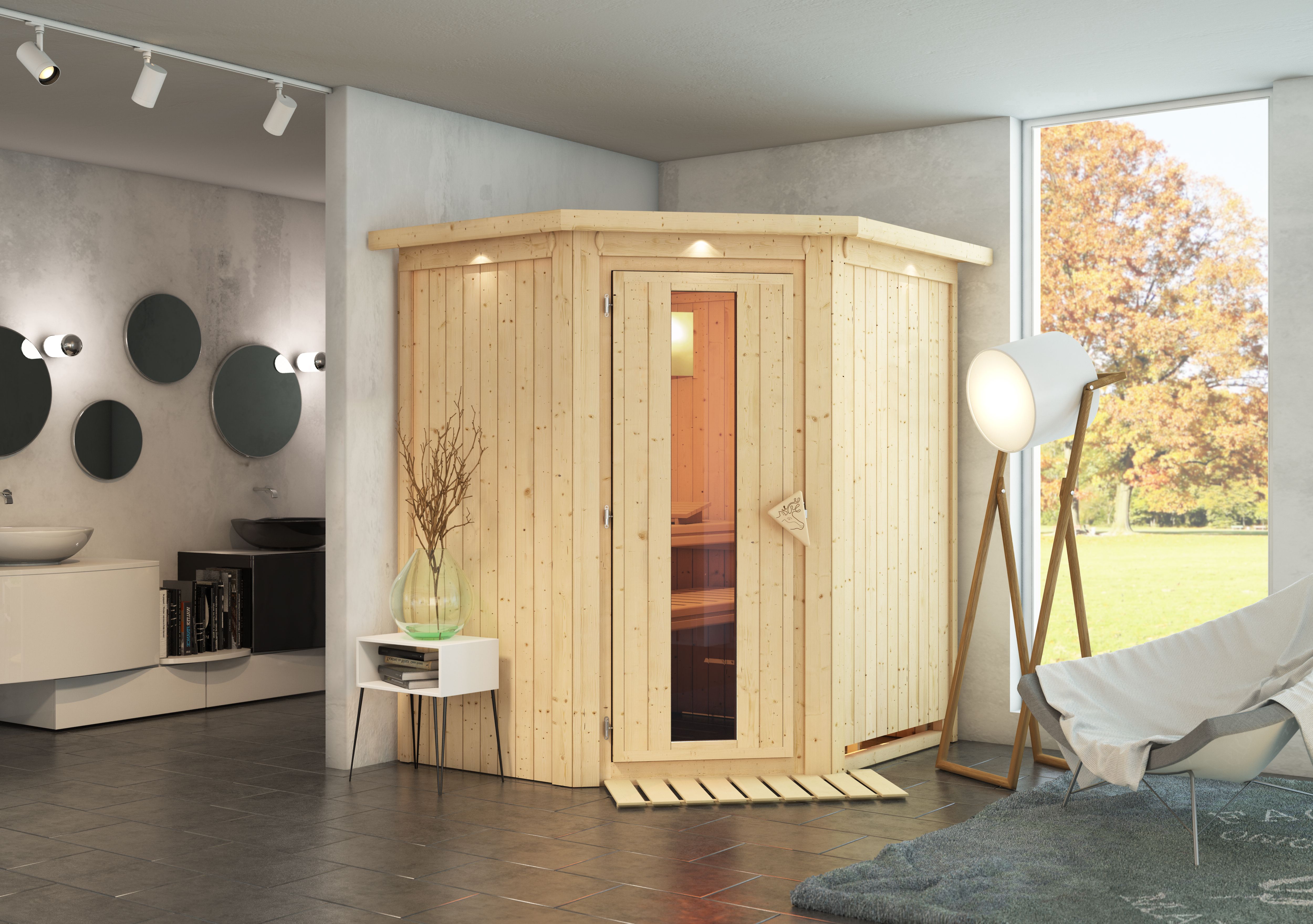 Sauna KARIBU "»Liyah« mit Energiespartür Kranz naturbelassen", beige (naturbelassen), ohne Ofen, ohne Steuerung, (ohne Ofen), Saunen, in verschiedenen Ausführungen erhältlich