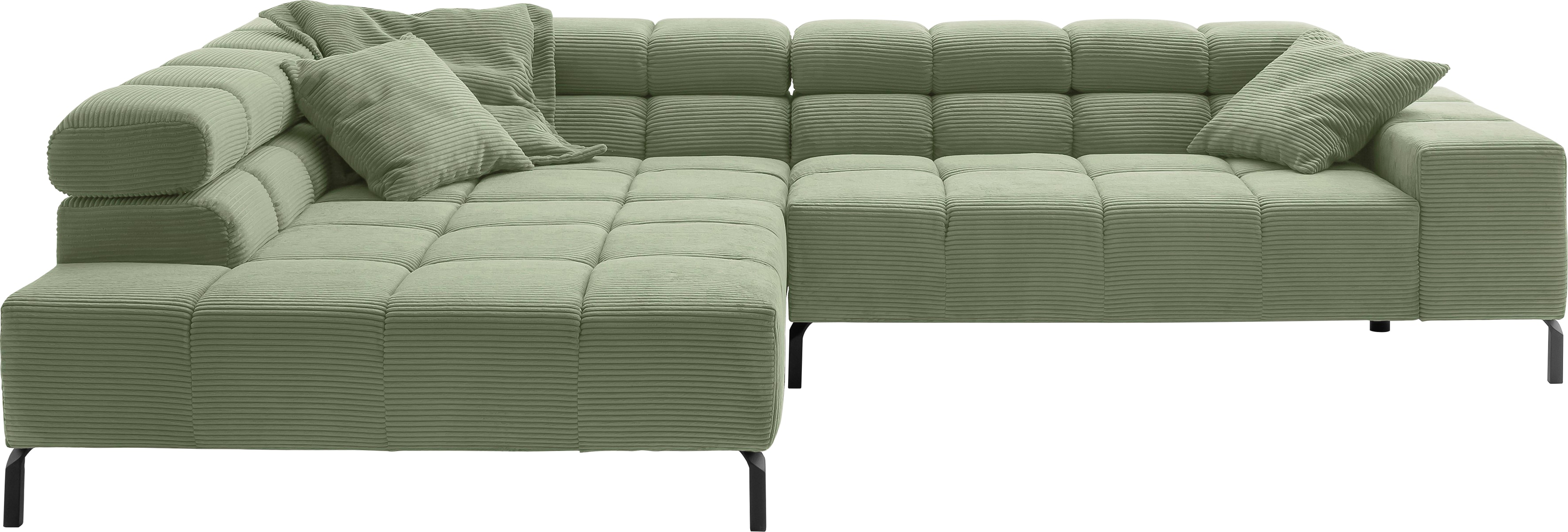 Ecksofa INOSIGN "Ancona New, wahlweise motorische Sitztiefenverstellung, auch in Cord", grün (oliv), B:321cm T:216cm, : 88% Polyester, 12% Polyacryl, Sofas, Ecksofa, feine Steppung, mit Kopfteilverstellung, 3 Zierkissen, L-Form