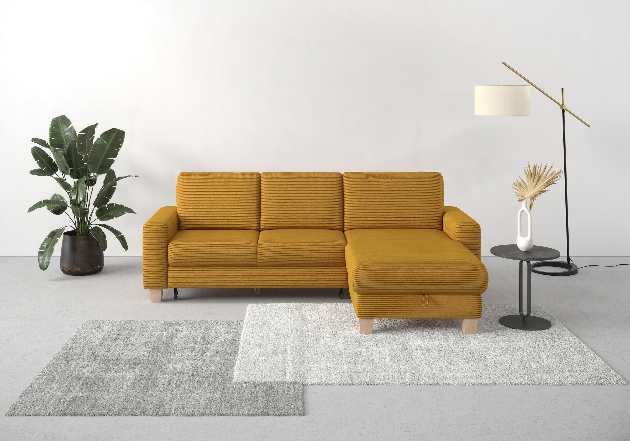 Ecksofa HOME AFFAIRE "Summer L-Form", gelb (mustard), B:249cm H:91cm T:164cm, 100% Polyester, Sofas, mit Recamiere, mit oder ohne Bettfunktion und Bettkasten, Cord-Bezug Image