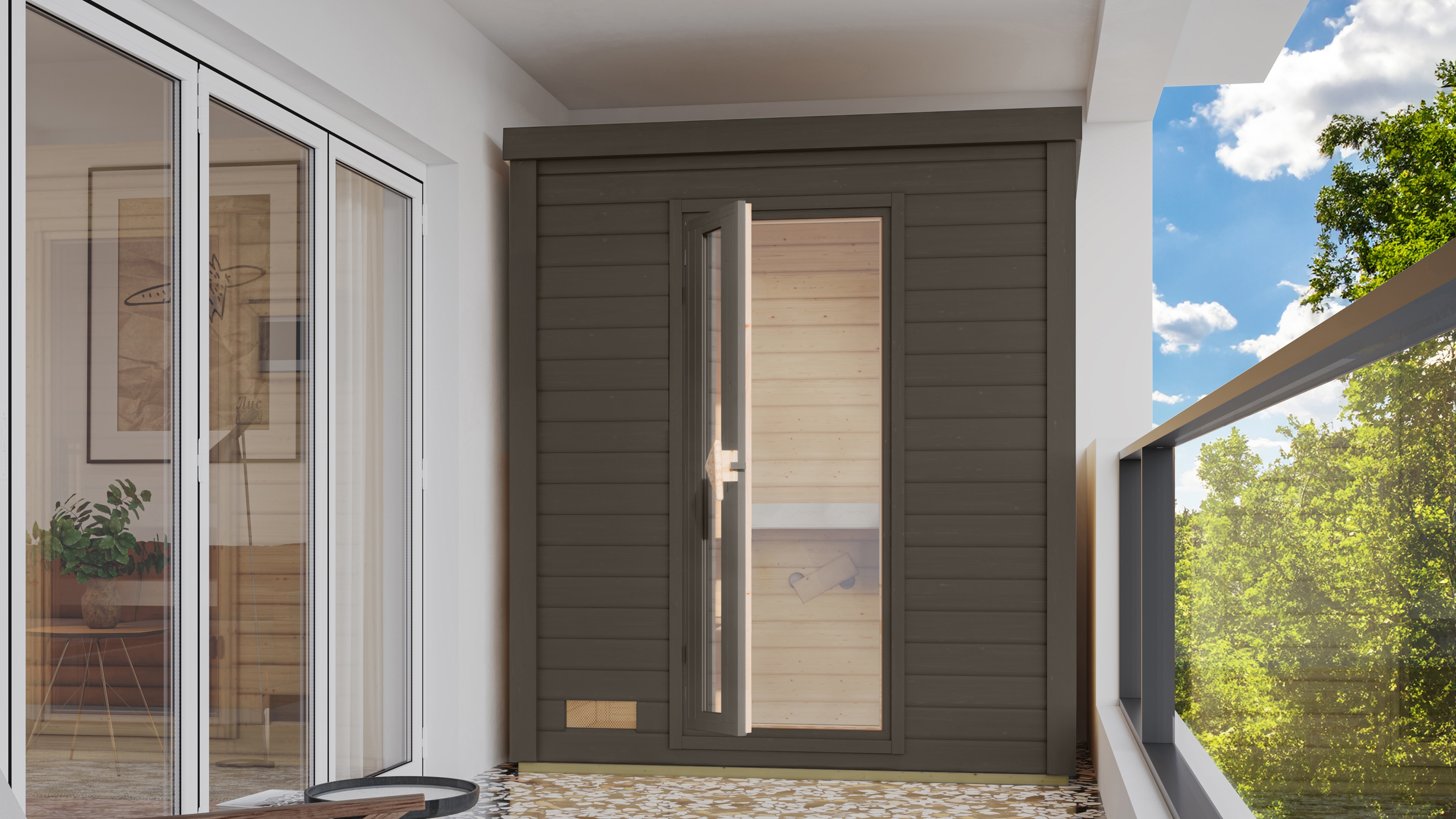 Saunahaus KARIBU "»Talo 0« mit Iso-Tür, terragrau", grau (terragrau), ohne Ofen, ohne Steuerung, (ohne Ofen), Saunen, Mit 9 kW Ofen und integrierter Steuerung