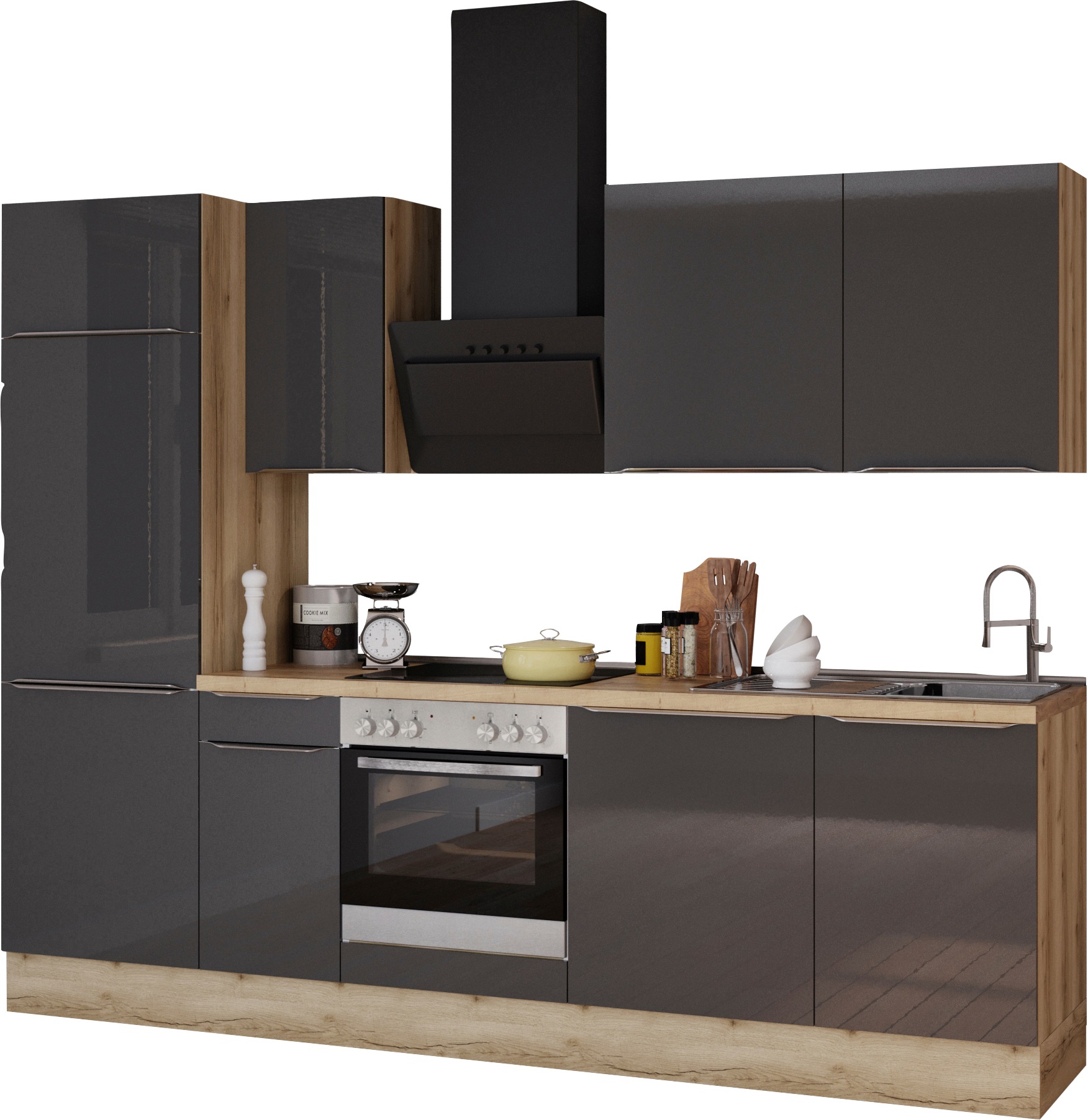 Küchenzeile KOCHSTATION "KS-Aken", grau (küche: grau, korpus: wildeichefarben, arbeitsplatte: eiche struktur), B:270cm H:212cm T:60cm, Komplettküchen-Sets, Küchenzeile, Breite 270 cm, wahlweise mit E-Geräten, mit Arbeitsplatte 38 mm stark Image