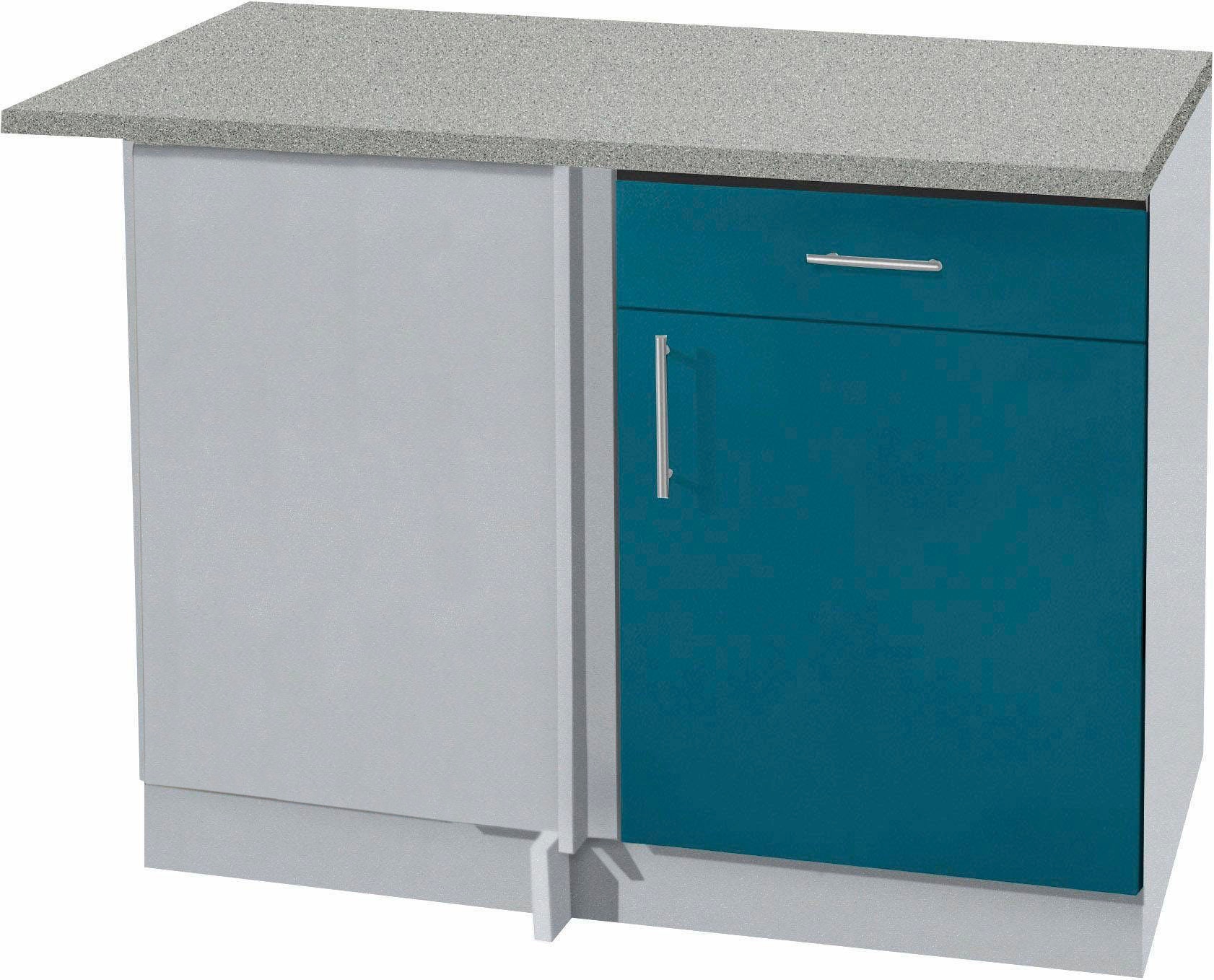 Eckunterschrank WIHO KÜCHEN "Kiel", blau (front: ozeanblau, korpus: steel grau, arbeitsplatte: canvas grau), B:110cm H:85cm T:60cm, Schränke, 110 cm breit