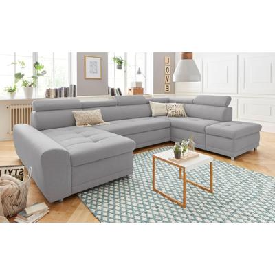 Wohnlandschaft SIT & MORE "Riva U-Form", grau, B:337cm H:92cm T:95cm, Struktur (100% Polyester), Flachgewebe (100% Polyester), Luxus-Microfaser (100% Polyester), Sofas, wahlweise mit Bettfunktion Image