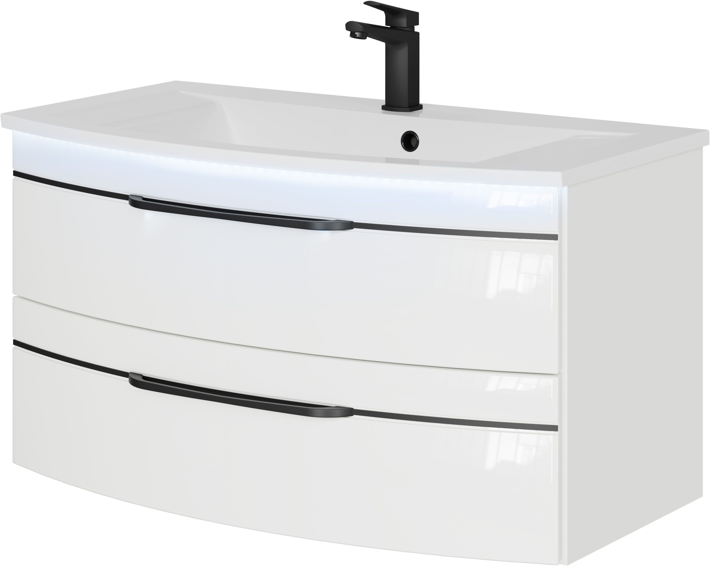 Waschtisch SAPHIR "Serie 7045 Mineralmarmor-Waschtisch und Unterschrank, 91 cm breit", weiß (weiß hochglanz), B:91cm H:50,2cm T:50,1cm, Waschtische, Waschplatz mit 2 Schubladen, Badmöbel Set mit Waschtisch Image
