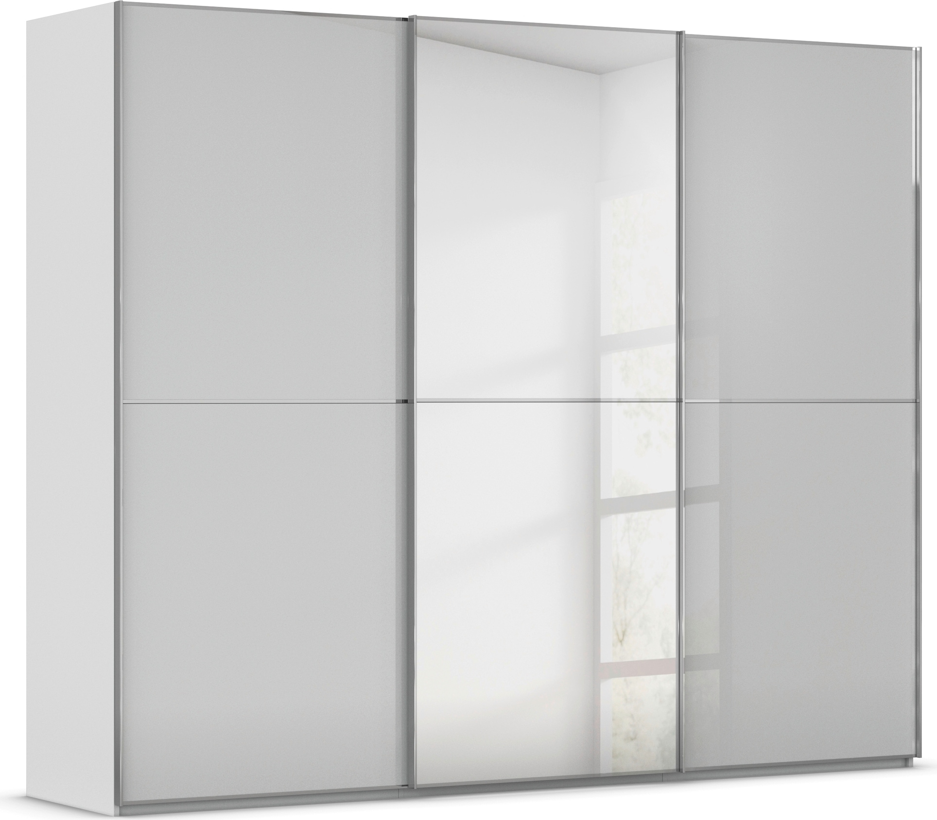 Schwebetürenschrank RAUCH "Kleiderschrank Schrank Garderobe Schlafzimmerschrank SCALE-DUO", grau (seidengrau, glas seidengrau, griffleisten chrom), B:271cm H:223cm T:68cm, Holzwerkstoff, Schränke, edle zweigeteilte Türen Spiegel/Glas-Mix 3... Image