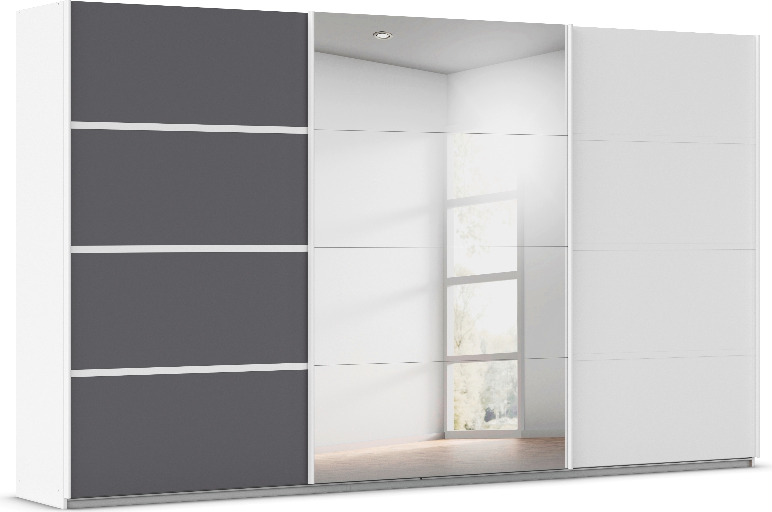 Kleiderschrank RAUCH "Schwebetürenschrank OTTO´s Choice Garderobe Schrank TOP ANGEBOT Avola", alpinweiß, graumetallic, leisten weiß, B:360cm H:229cm T:62cm, Holzwerkstoff, Schränke, mit eleganten Zierleisten in Chrom, Schwarz oder Weiß MADE IN GERMANY Image