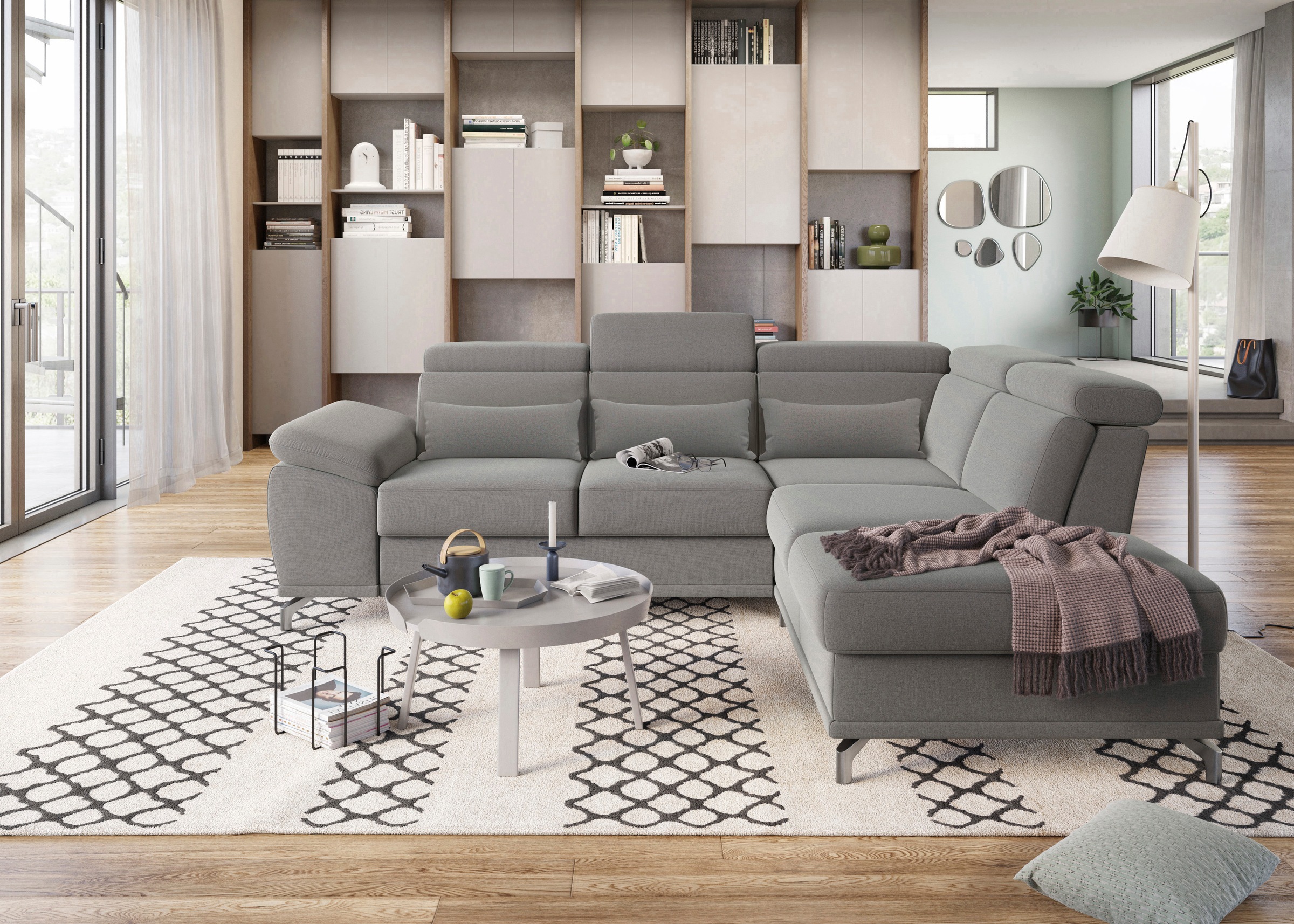 Ecksofa SIT & MORE "Cabrio L-Form, B: 274 cm, mit Sitztiefen-, Arm- & Kopfteilverstellung", grau, B:274cm H:87cm T:230cm, 100% Polyester, Sofas, 3 Nierenkissen, Federkern, optional Bettfunktion und Stauraum Image
