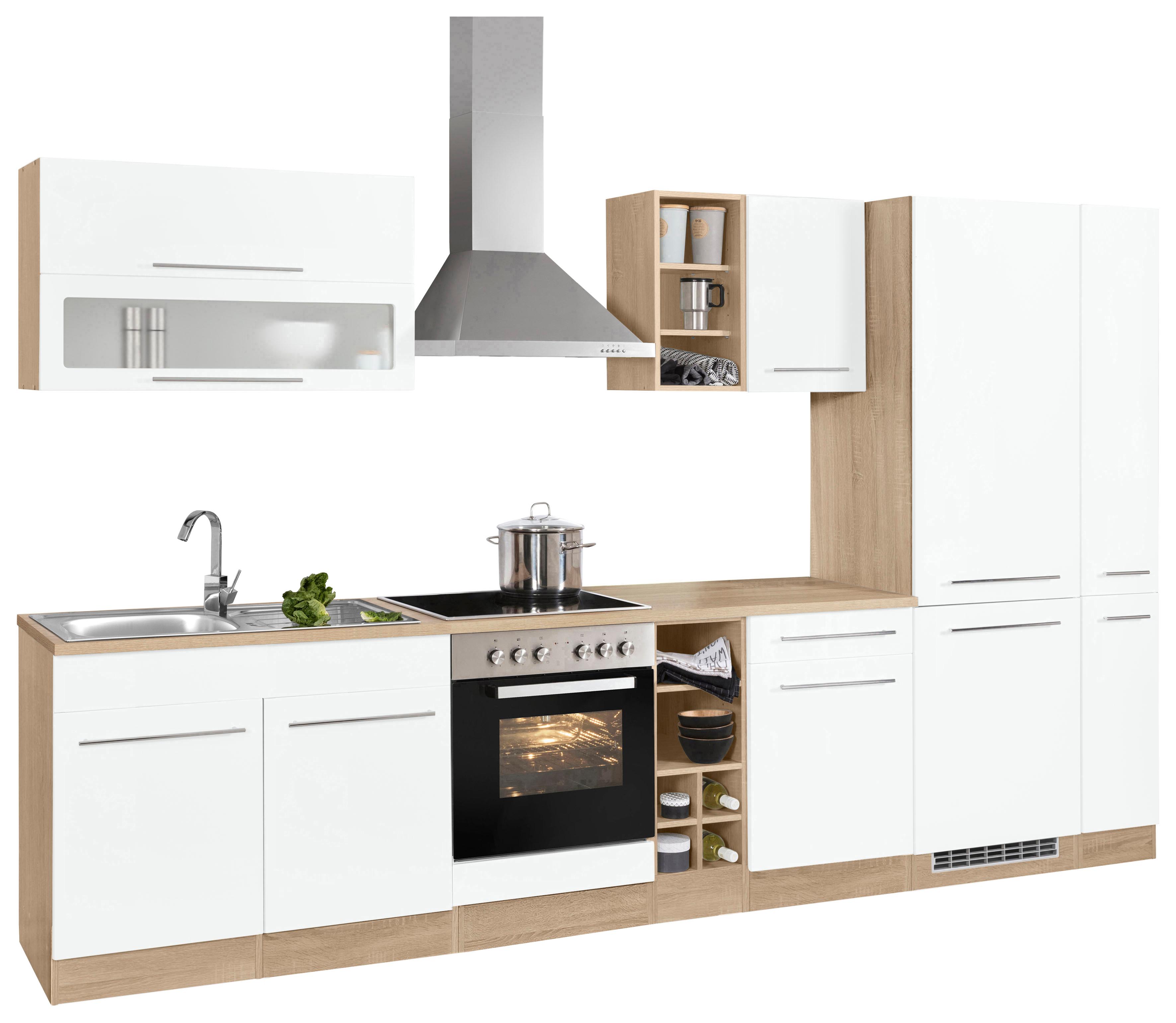 Küchenzeile KOCHSTATION "KS-Eton", weiß (küche: weiß, korpus: eichefarben, arbeitsplatte: eichefarben), B:330cm T:60cm, Komplettküchen-Sets, ohne E-Geräte, Breite 330 cm Image