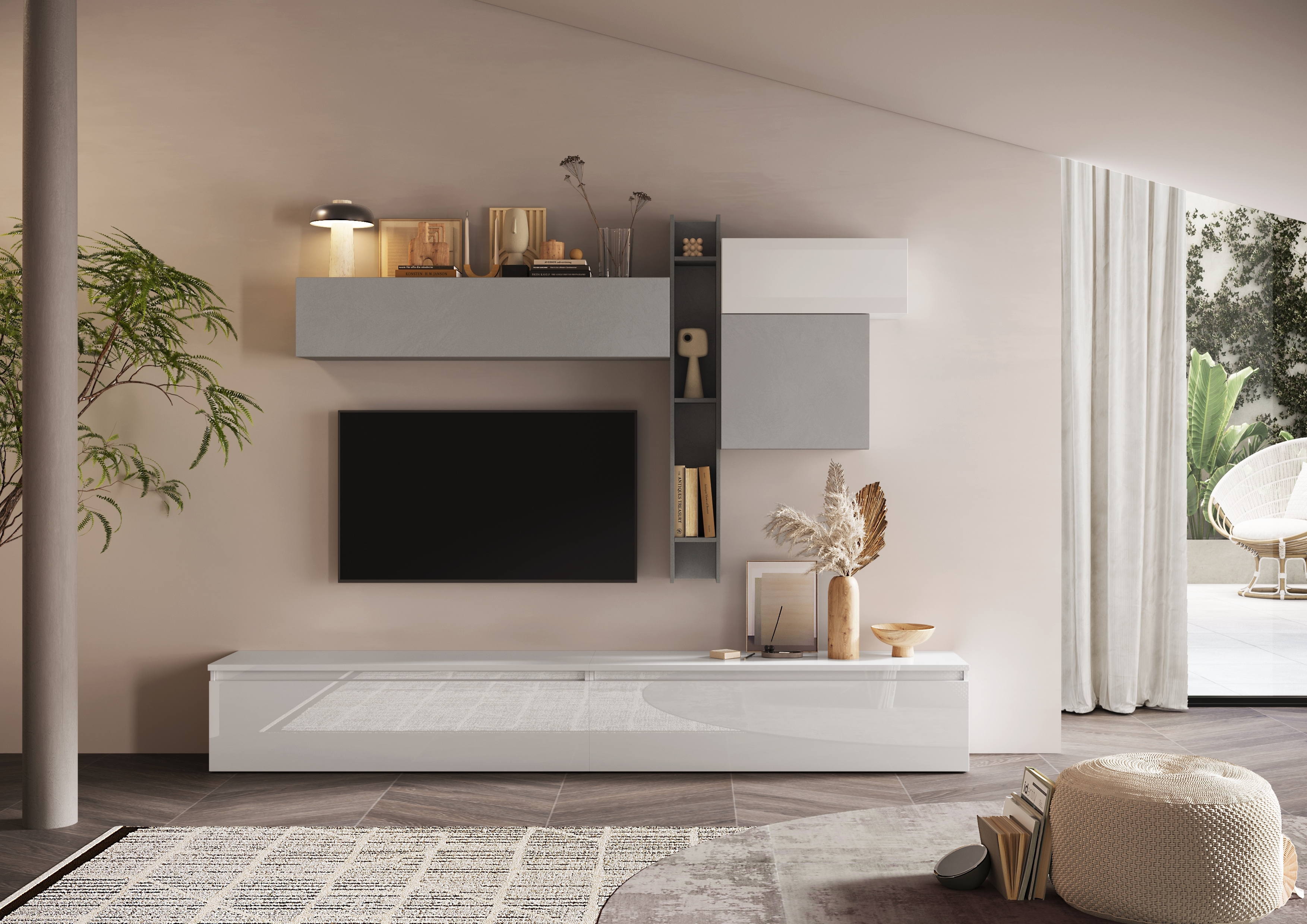 Wohnwand INOSIGN "Infinity, 6tlg. Breite 276 cm, Höhe variabel, Schrankwand, Anbauwand", weiß (steingrau (ardesia), weiß hochglanz lack, kreidegrau (gesso)), B:276cm H:200cm T:40cm, Holzwerkstoff, Kastenmöbel-Sets, (2x Lowboard, 2x Hängeschrank,...