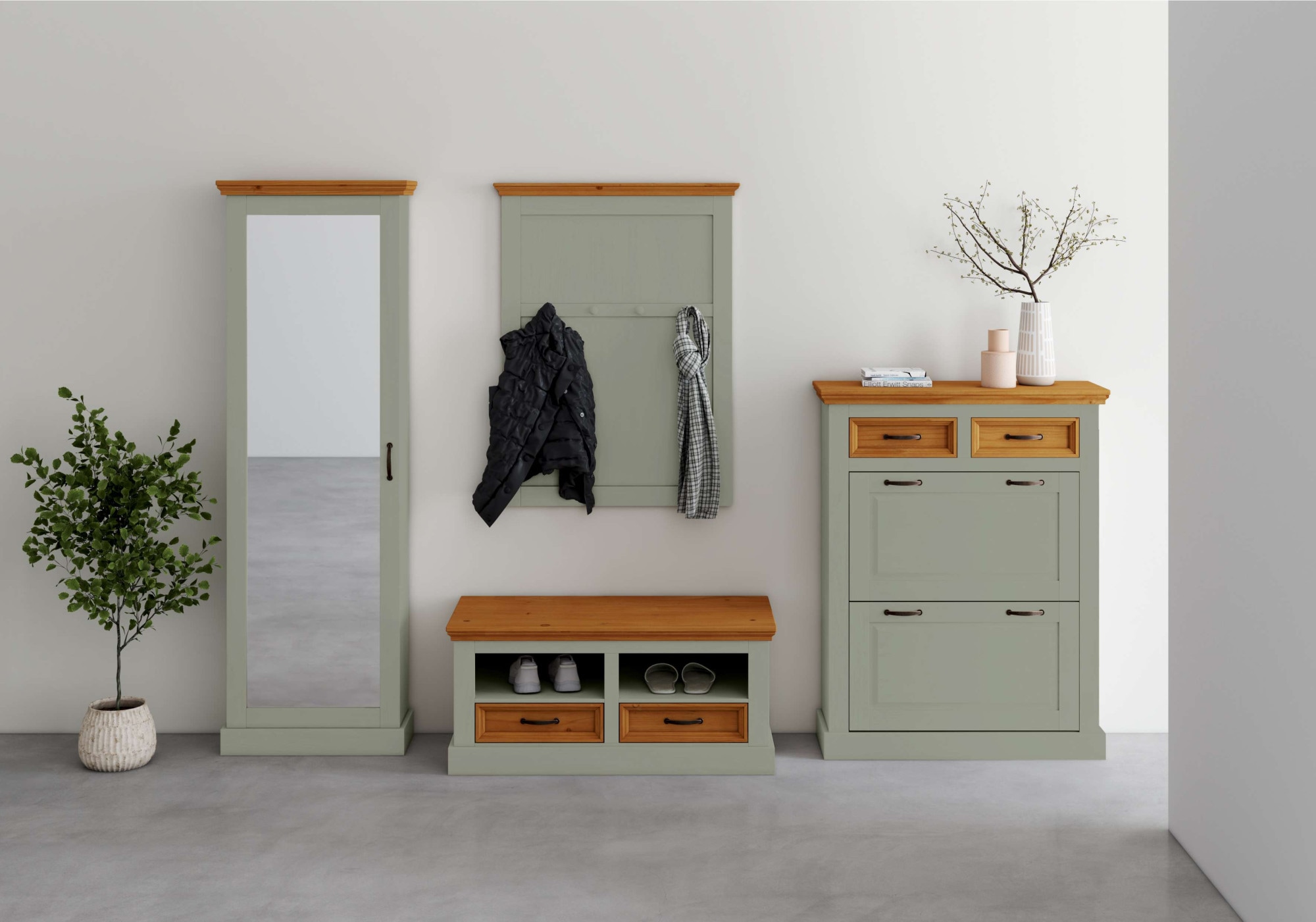 Schuhkommode HOME AFFAIRE "Selma", grün (salbei grün, gebeizt), B:90cm H:115cm T:30cm, FSC-zertifiziertes Massivholz, Sideboards, mit 2 Klappen u. 2 Schubkästen, Breite 90 cm