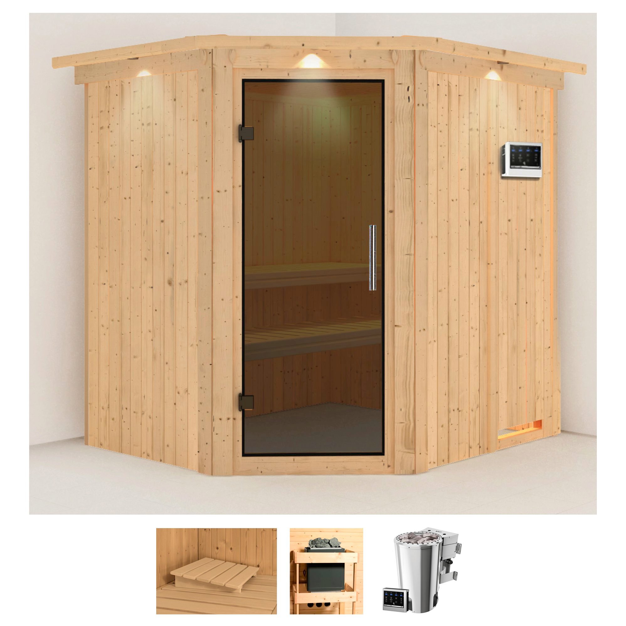Sauna KARIBU "Laila", beige (naturbelassen), Bio-Kombiofen, externe Steuerung, 3,6, Saunen, 3,6-kW-Bio-Plug & Play Ofen mit externer Steuerung Image