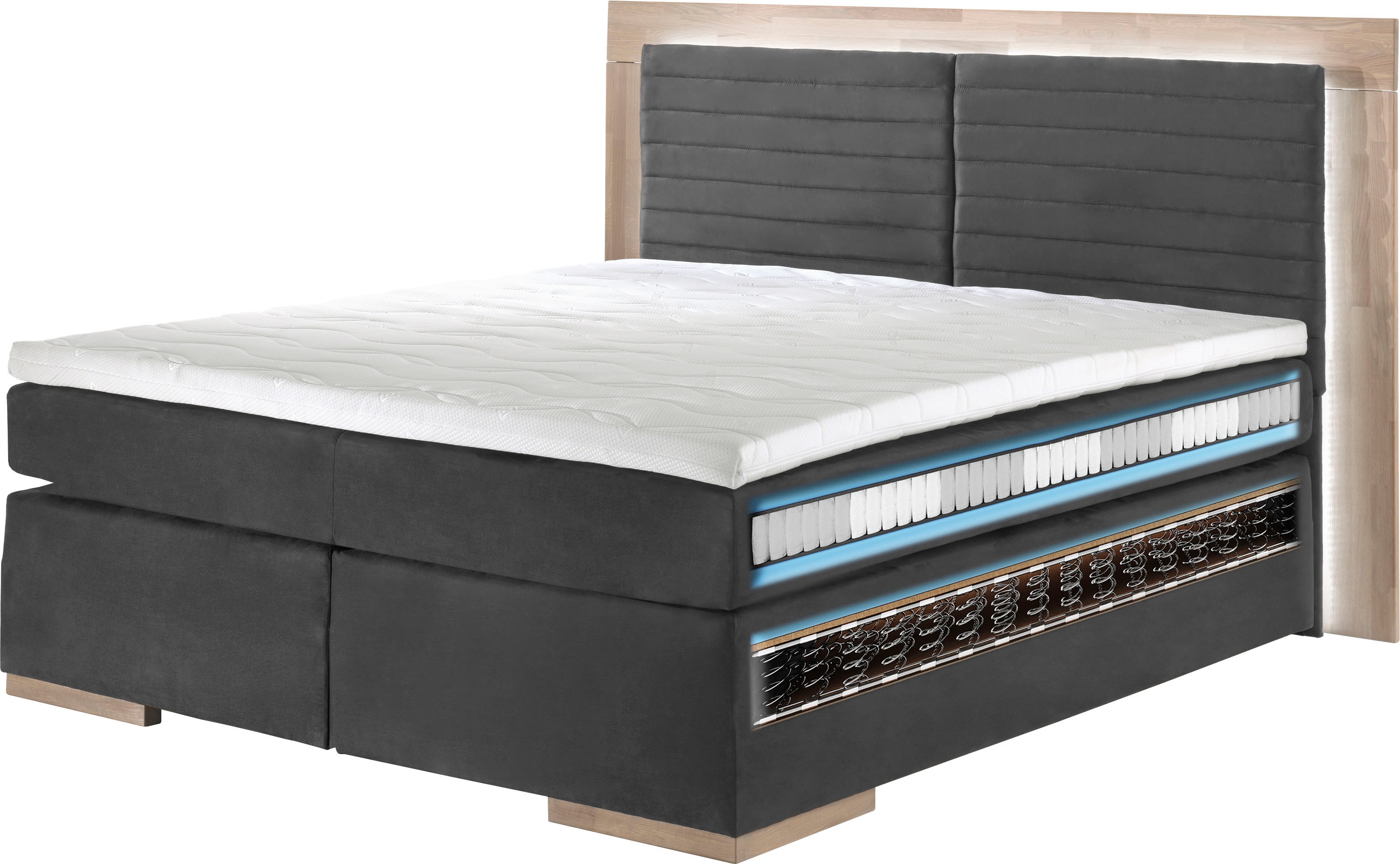 Boxspringbett HOME AFFAIRE "Cup", grün (olive), B:210cm L:206cm, Bezug: Luxus-Microfaser (100% Polyester);Bezug: Microfaser (100% Polyester), Komplettbetten, Boxspringbett, mit LED-Beleuchtung, Massivholzrahmen und Topper, in 2 Härtegraden Image