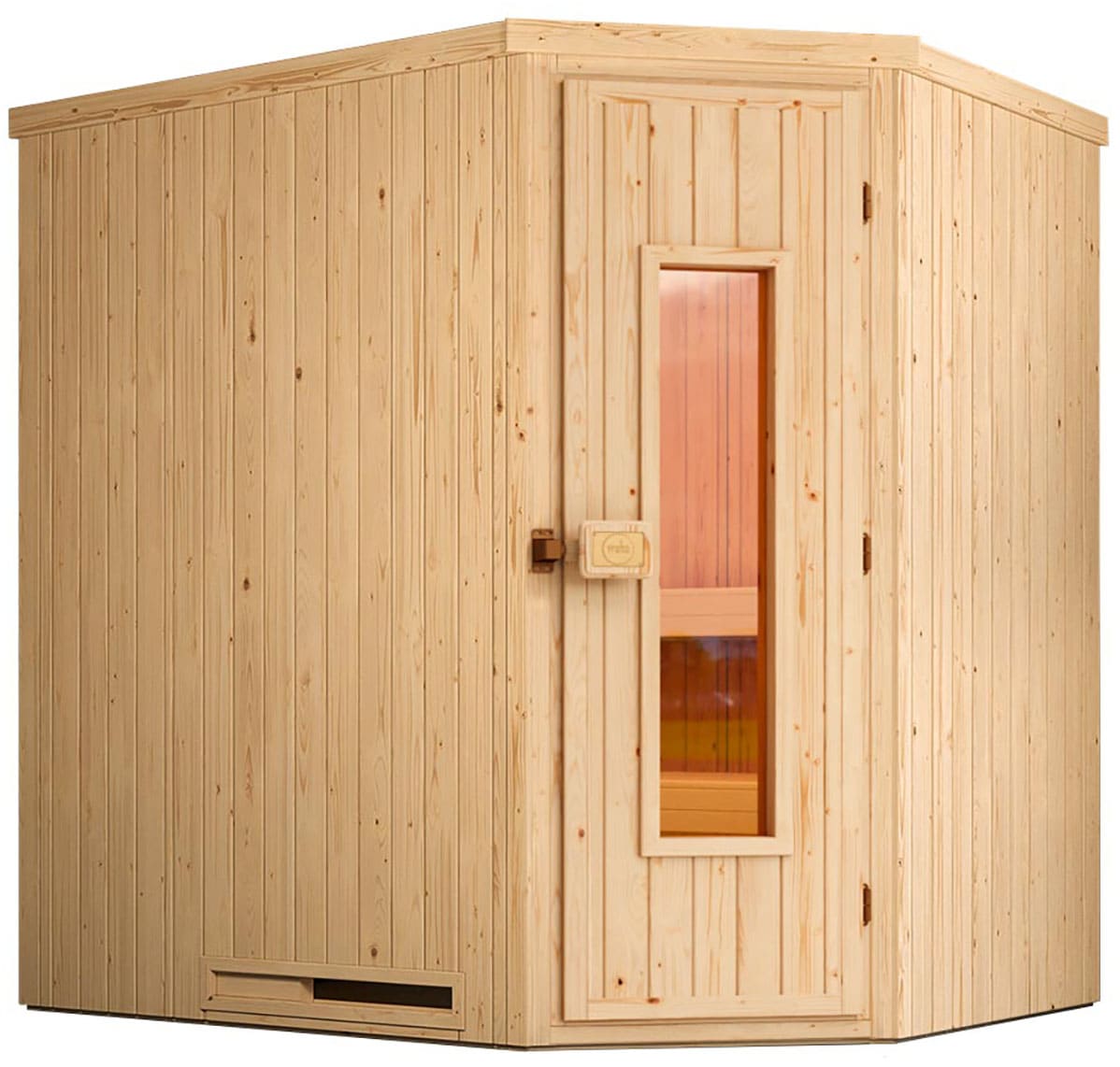 Sauna WEKA "Element-Ecksauna VARBERG 1", beige (natur), Bio-Ofen, externe Steuerung, 4,5 kW, Saunen, vorgefertigte Elemente, isolierte Holztür