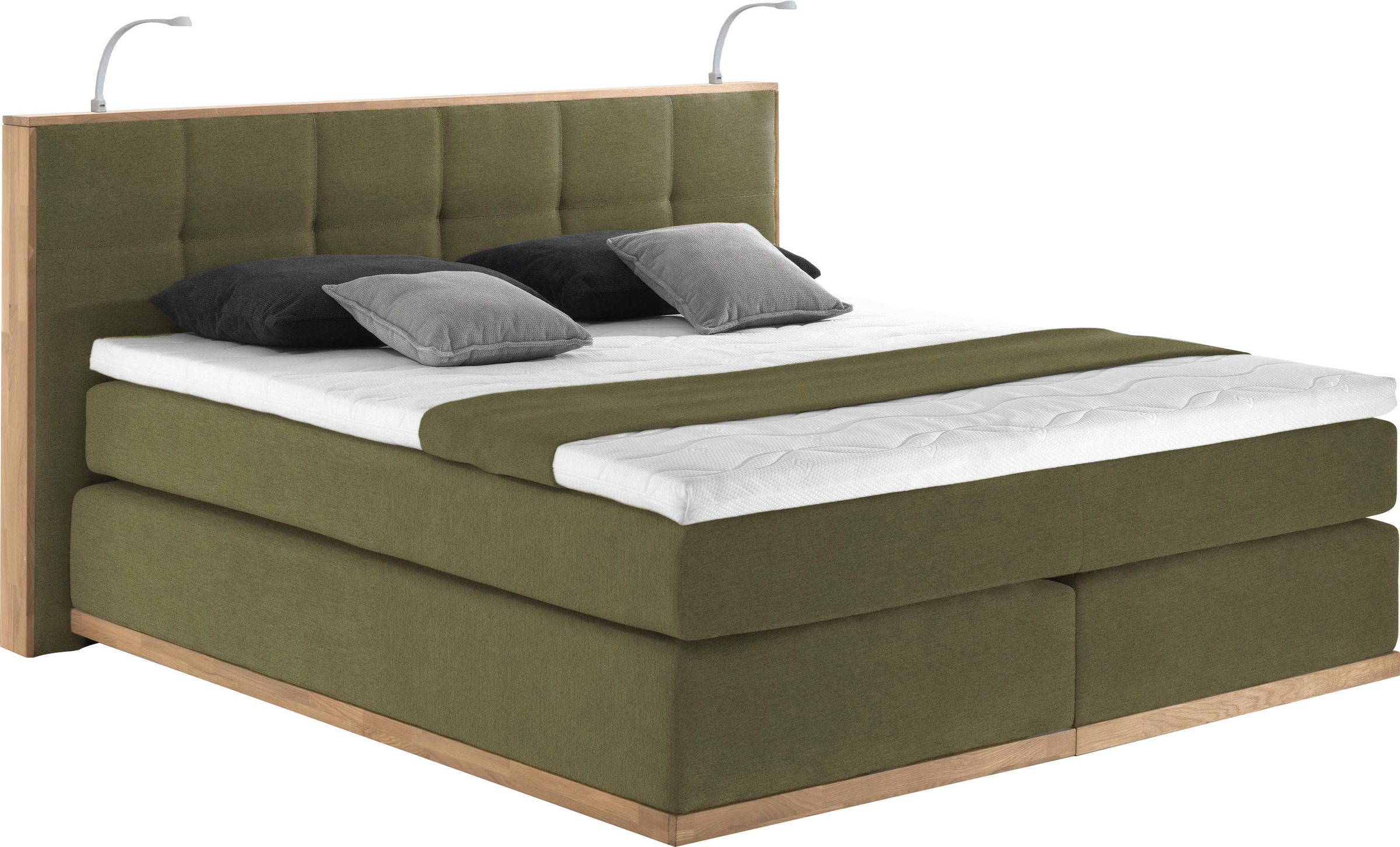 Boxspringbett PLACES OF STYLE "Vinton", grün (olive), B:220cm L:213cm, Komplettbetten, Boxspringbett, aus Eiche, mit LED-Beleuchtung, verschiedene Härtegrade (auch H4) Image