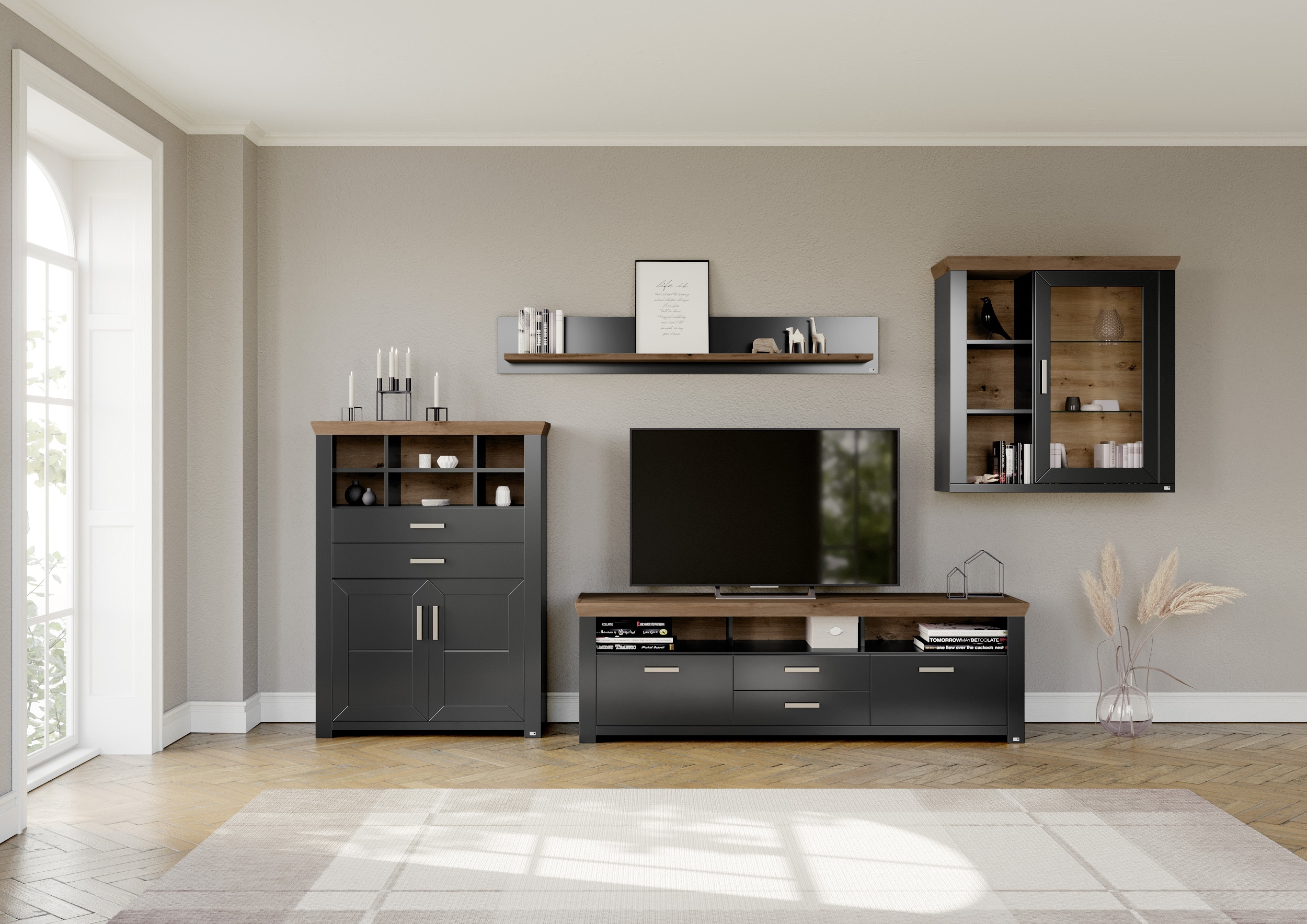 Wohnwand "York", grau (grau, eiche), B:374cm H:207cm T:51cm, Spanplatte, SET ONE BY MUSTERRING, Kastenmöbel-Sets, Kombination 11, in 3 Farbvarianten, Gesamtbreite 374 cm