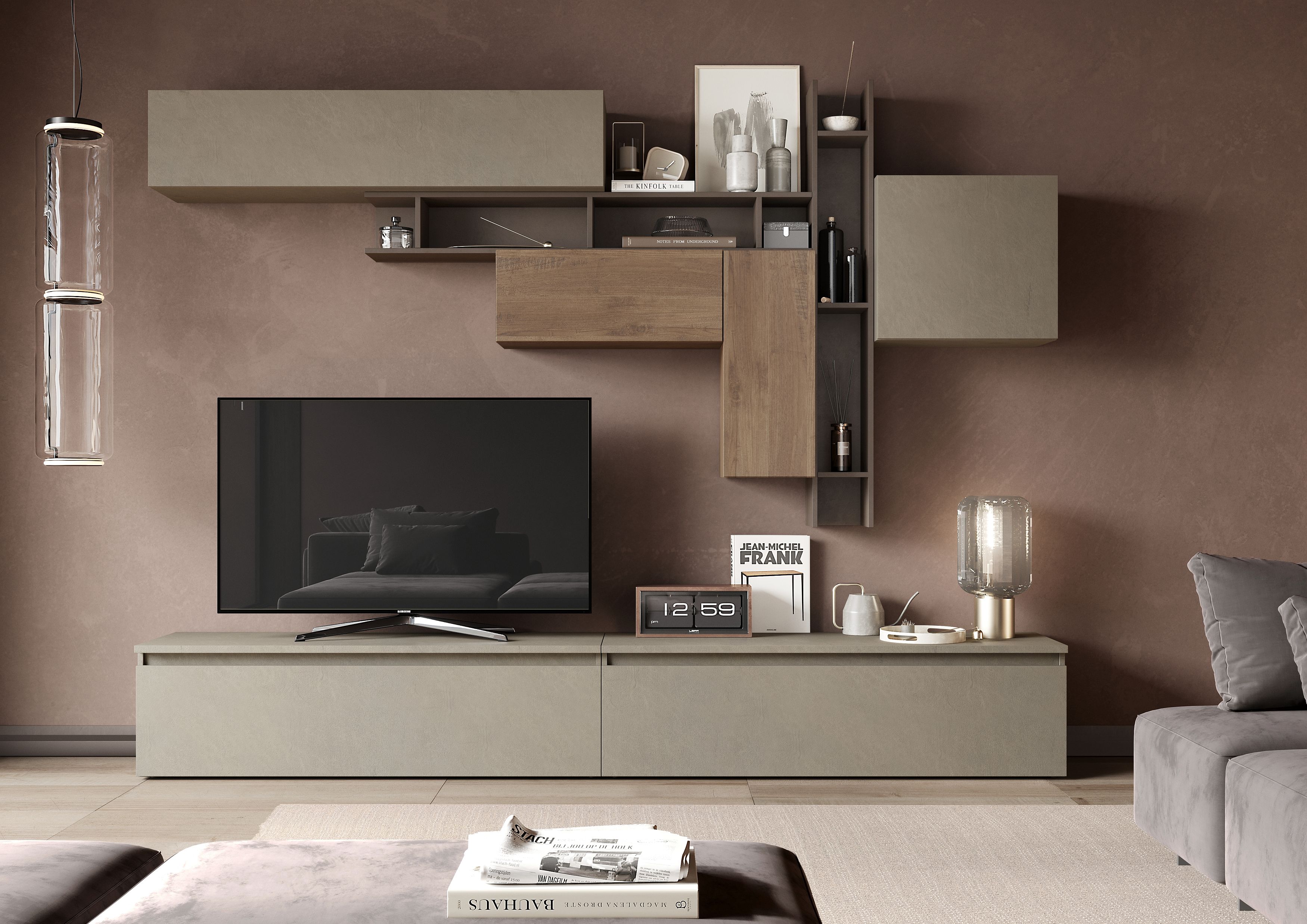 Wohnwand INOSIGN "Infinity, 8tlg. Breite 276 cm, Höhe variabel, Schrankwand, Anbauwand", braun (lehmfarben (argilla), bronzo, mercure nb holzstruktur), B:276cm H:200cm T:40cm, Kastenmöbel-Sets, Wohnwand, (2x Lowboard, 3x Hängeschrank, Hängewürfel,...