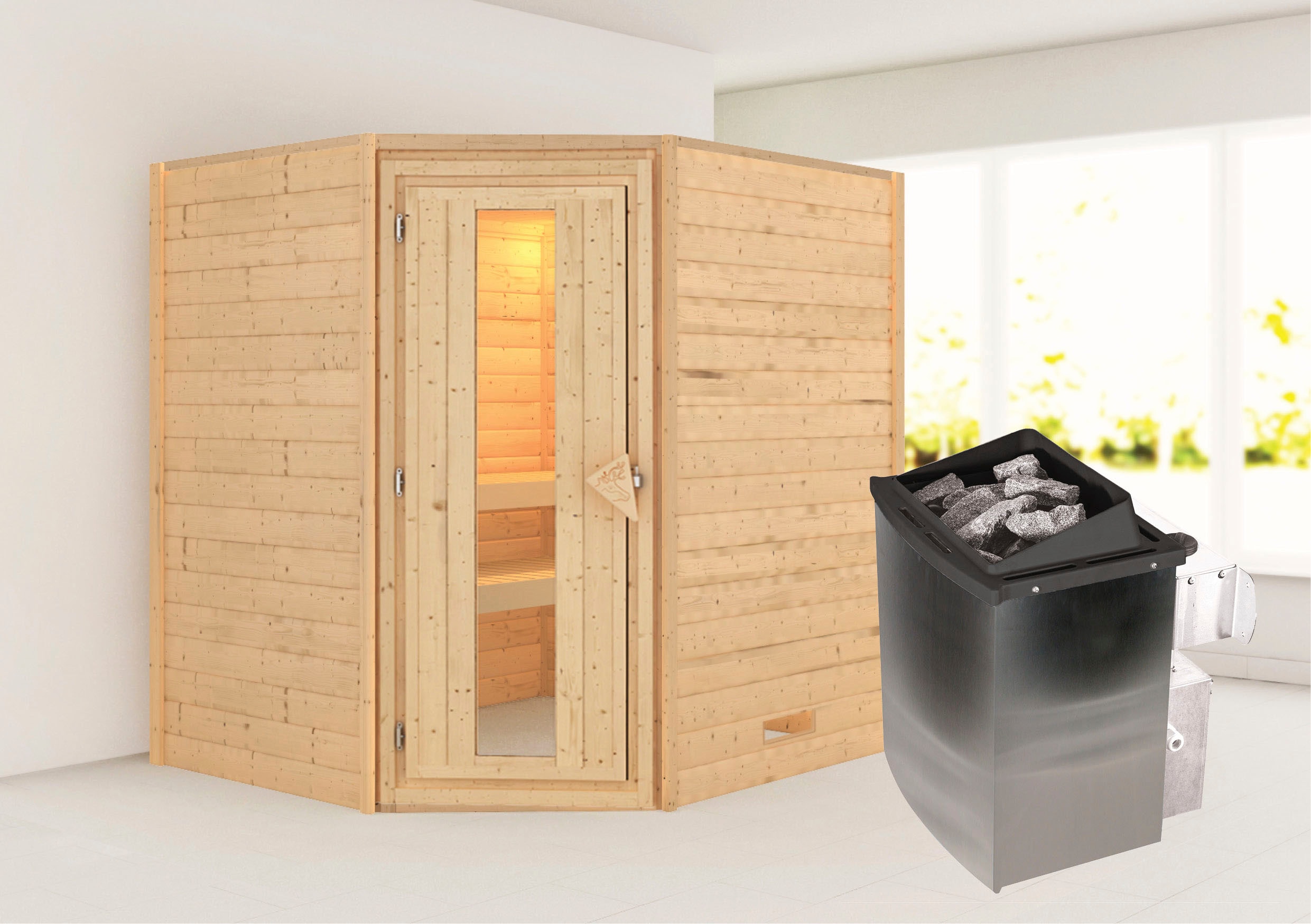 Sauna KARIBU "Mia (Fronteinstieg)", beige (naturbelassen), (ohne Ofen), Saunen, Ofen 9 kW integr. Strg