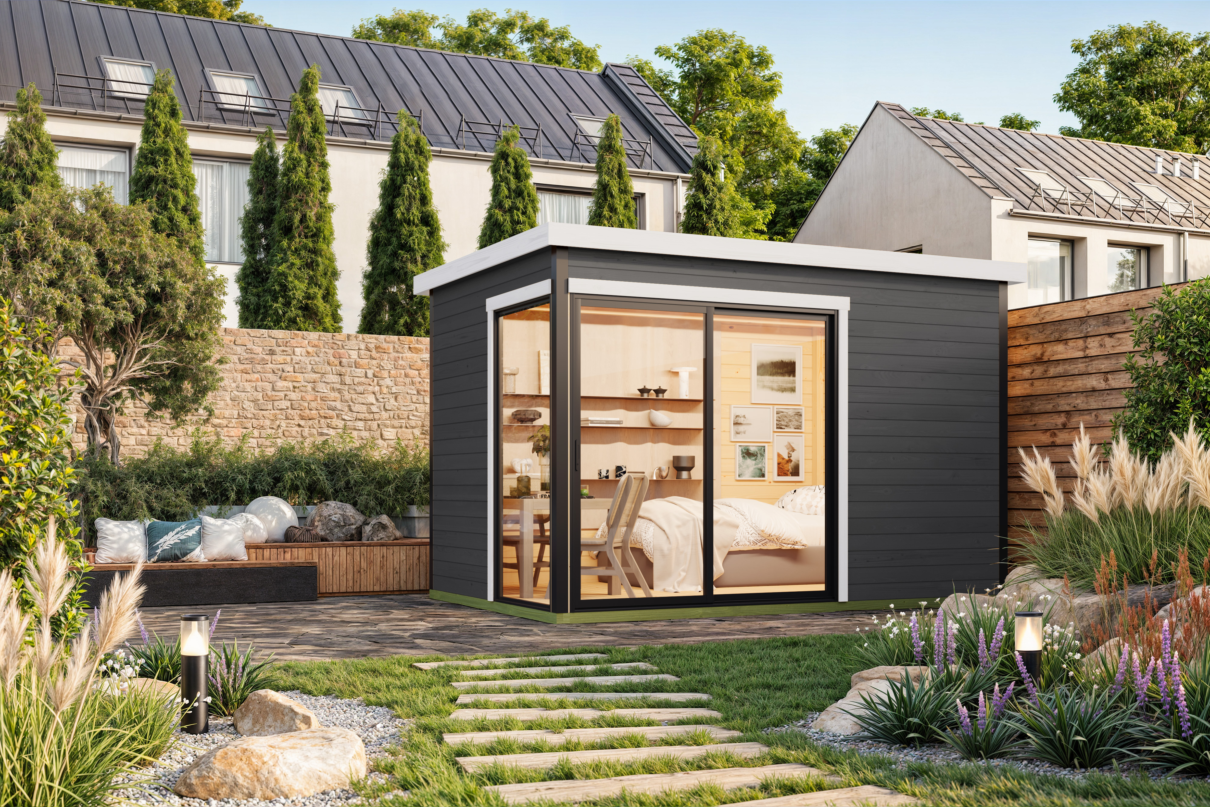 Gartenhaus NORDIC HOLZ "AUSTIN 2", grau (carbongrau), Fußboden im Gartenhaus, Massivholzdach, Holz, Gartenhäuser