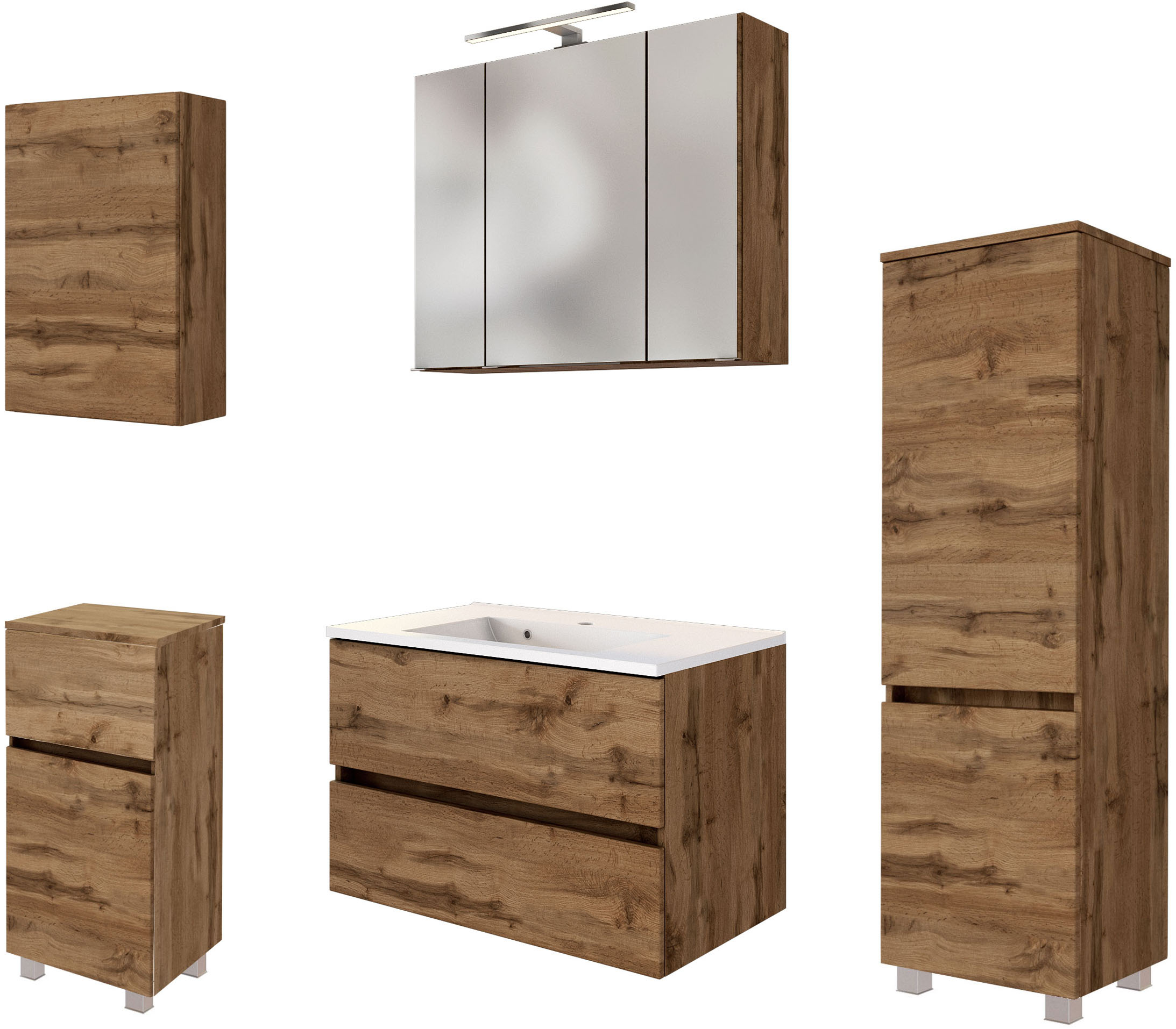 Badmöbel-Set WELLTIME "Welltime Möbel Baabe Waschtisch-Set 3tlg. oder 5tlg.", braun (wotaneiche), Set 10 5tlg.: Waschtisch 80cm breit, Spiegelschrank 80cm breit, Hängeschrank, Unterschrank, Midischrank, Holzwerkstoff, Kastenmöbel-Sets, Badmöbel-Set,...