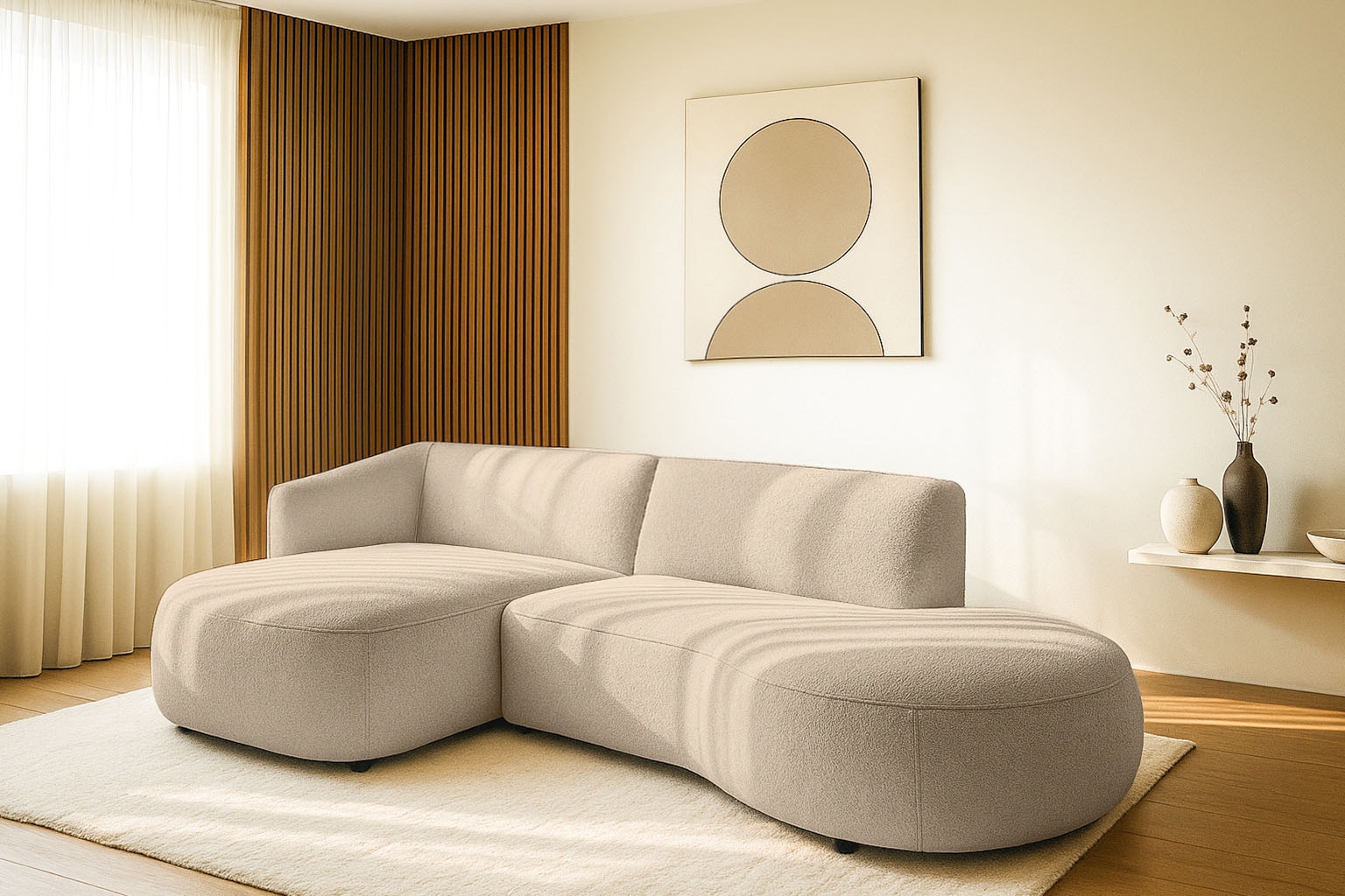 Ecksofa HOME AFFAIRE "OSTRUP Rundsofa, L-Form, Naturtöne, Boucle", beige, B:278cm H:73cm T:152cm, 100% Polyester, Sofas, Ecksofa, Breite 278 cm, organische Form mit sanften Rundungen