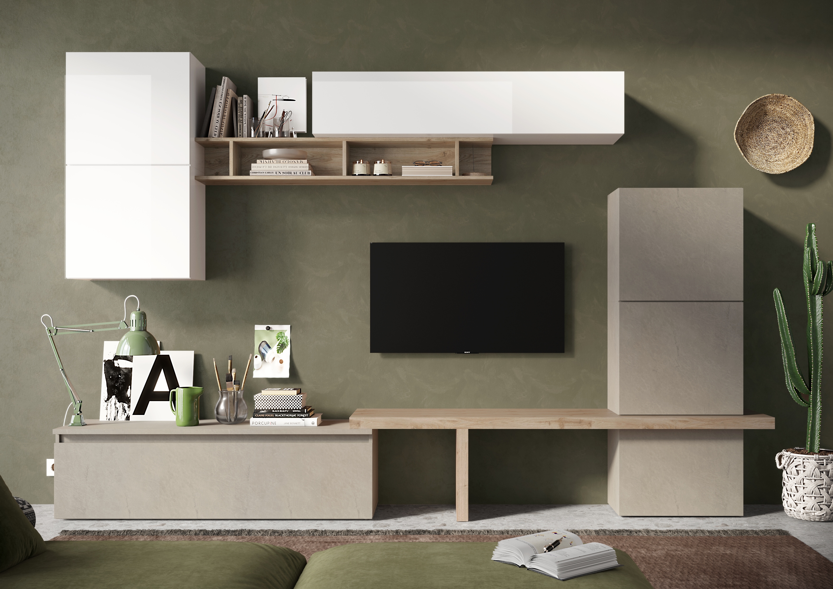 Wohnwand INOSIGN "Infinity, 9tlg. Breite 290 cm, Höhe variabel, Schrankwand (Lowboard", braun (lehmfarben (argilla), weiß hochglanz lack, eiche cadiz nb), B:290cm H:195cm T:40cm, Holzwerkstoff, Kastenmöbel-Sets, Wohnwand, T-Boden, 4x Hängewürfel,...