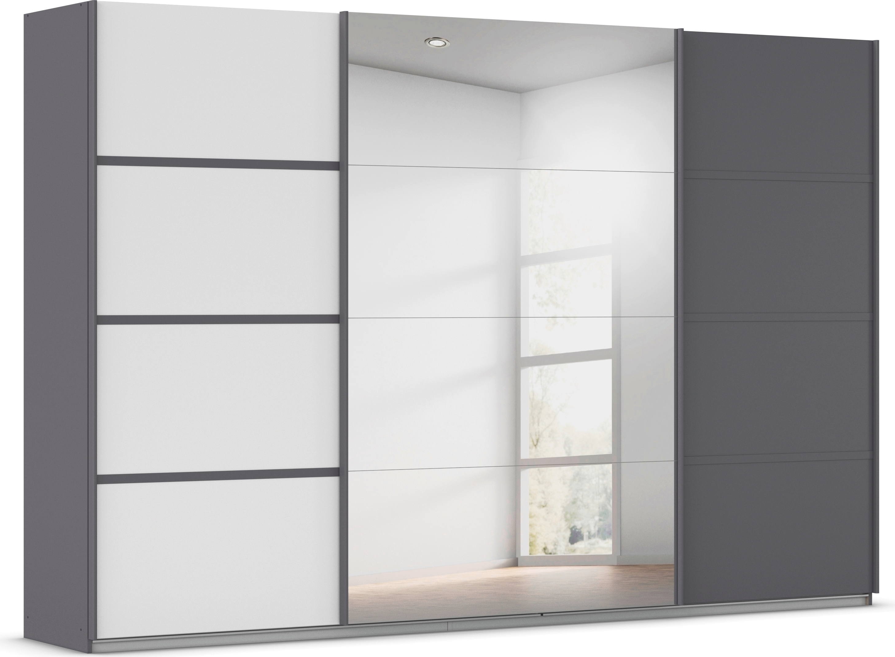 Kleiderschrank RAUCH "Schwebetürenschrank OTTO´s Choice Garderobe Schrank TOP ANGEBOT Avola", weiß (graumetallic, alpinweiß, leisten graumetallic), B:315cm H:229cm T:62cm, Holzwerkstoff, Schränke, mit eleganten Zierleisten in Chrom, Schwarz oder... Image