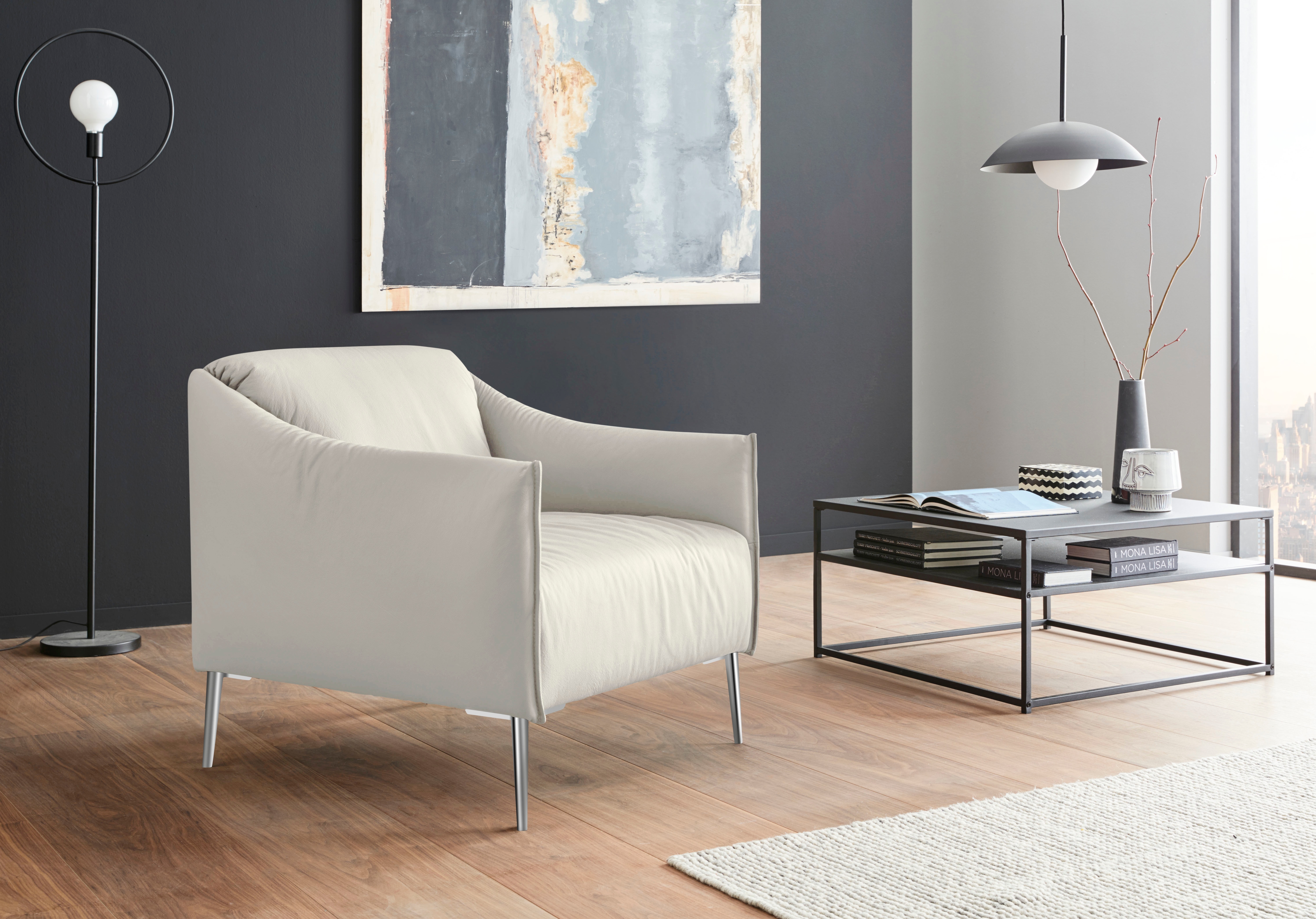 Cocktailsessel W.SCHILLIG "sally", weiß (weiß z59), B:84cm H:78cm T:84cm, Longlife Xtra-Leder Z59: Glattleder mit modischer Prägung. Hautstärke 0, 9 - 1, 1 mm., Sessel, Cocktailsessel, mit Metallfüßen in Chrom glänzend