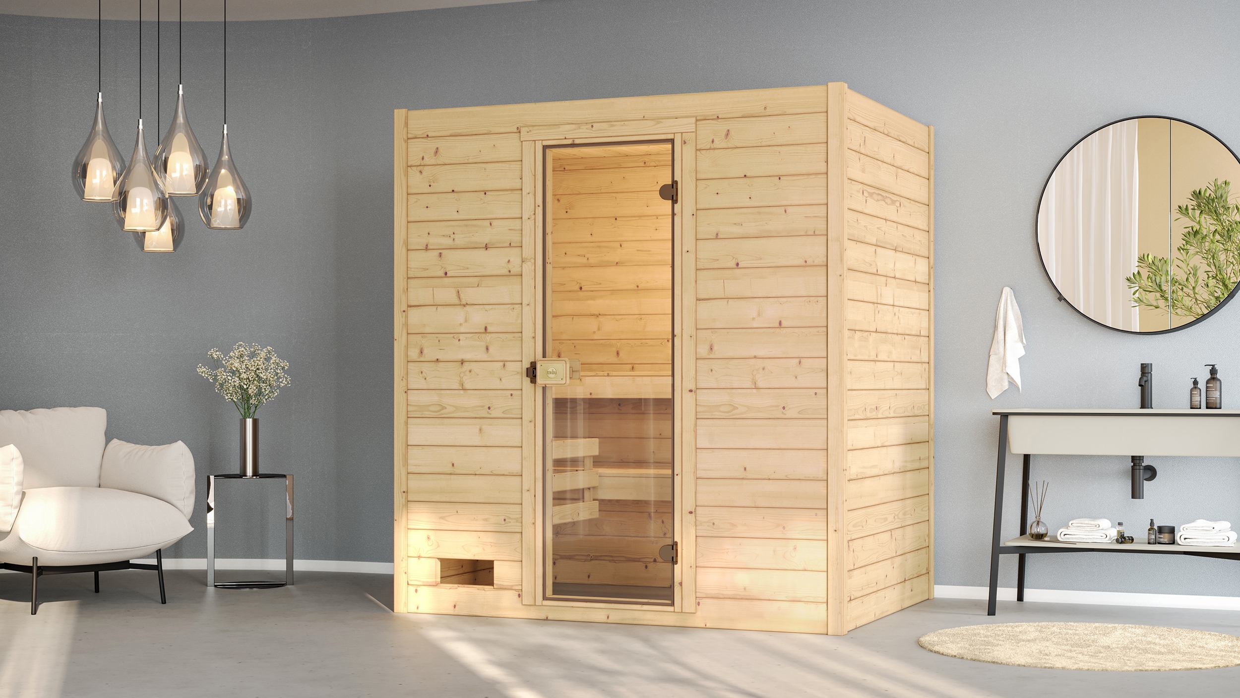Sauna WEKA "Massivholzsauna VALIDA 2", beige (natur), Bio-Ofen, externe Steuerung, 7,5 kW, Saunen, Blockbohlen, moderne Ganzglastür