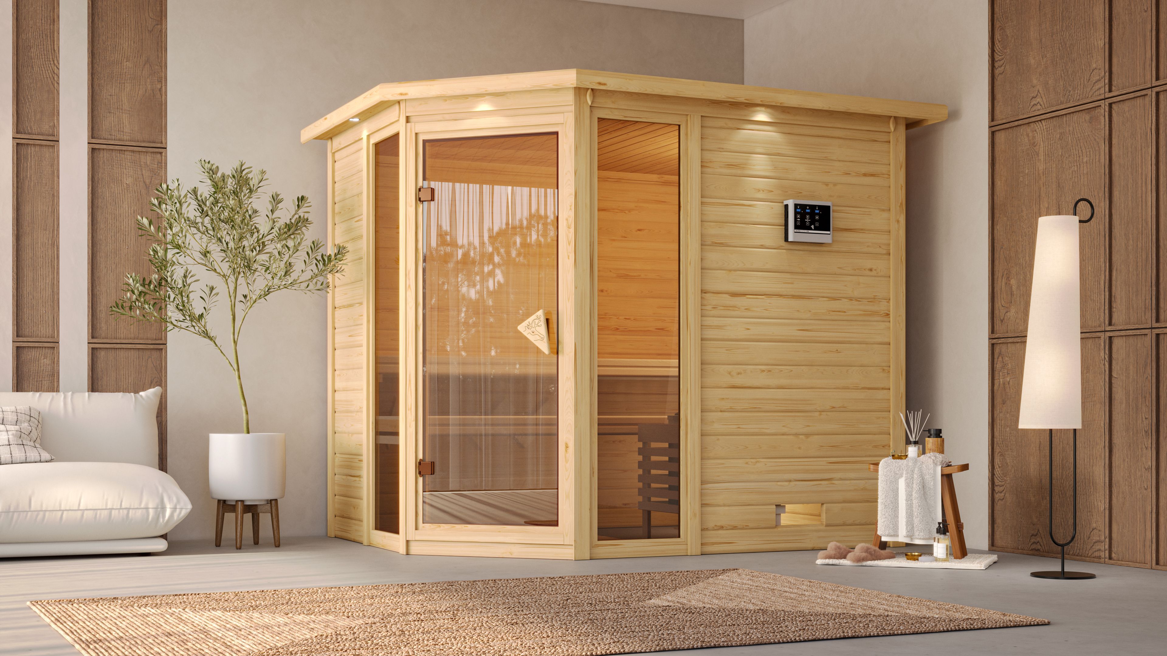 Sauna KARIBU "Sina 3", beige (naturbelassen), ohne Ofen, (ohne Ofen), Saunen, ohne Ofen