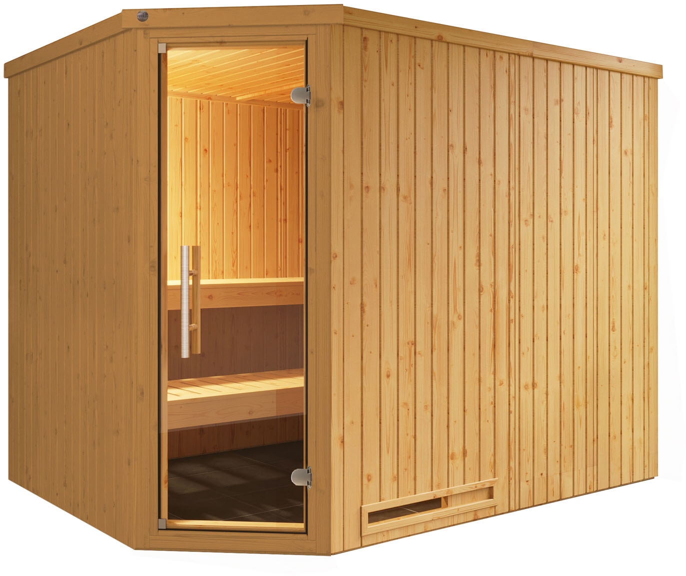Sauna WEKA "Element-Ecksauna VARBERG 4", beige (natur), Saunaofen, integrierte Steuerung, 9 kW, Saunen, vorgefertigte Elemente, moderne Ganzglastür