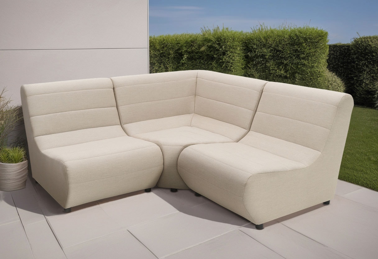 Sofa-Eckelement DOMO COLLECTION "Soleil, pflegeleichter und wetterfester Bezug", grau (taupe), B:106cm H:80cm T:106cm, 100% solution dyed Acryl, Polsterelemente, Outdoor, besonderes Design und Formgebung, individuell erweiterbar