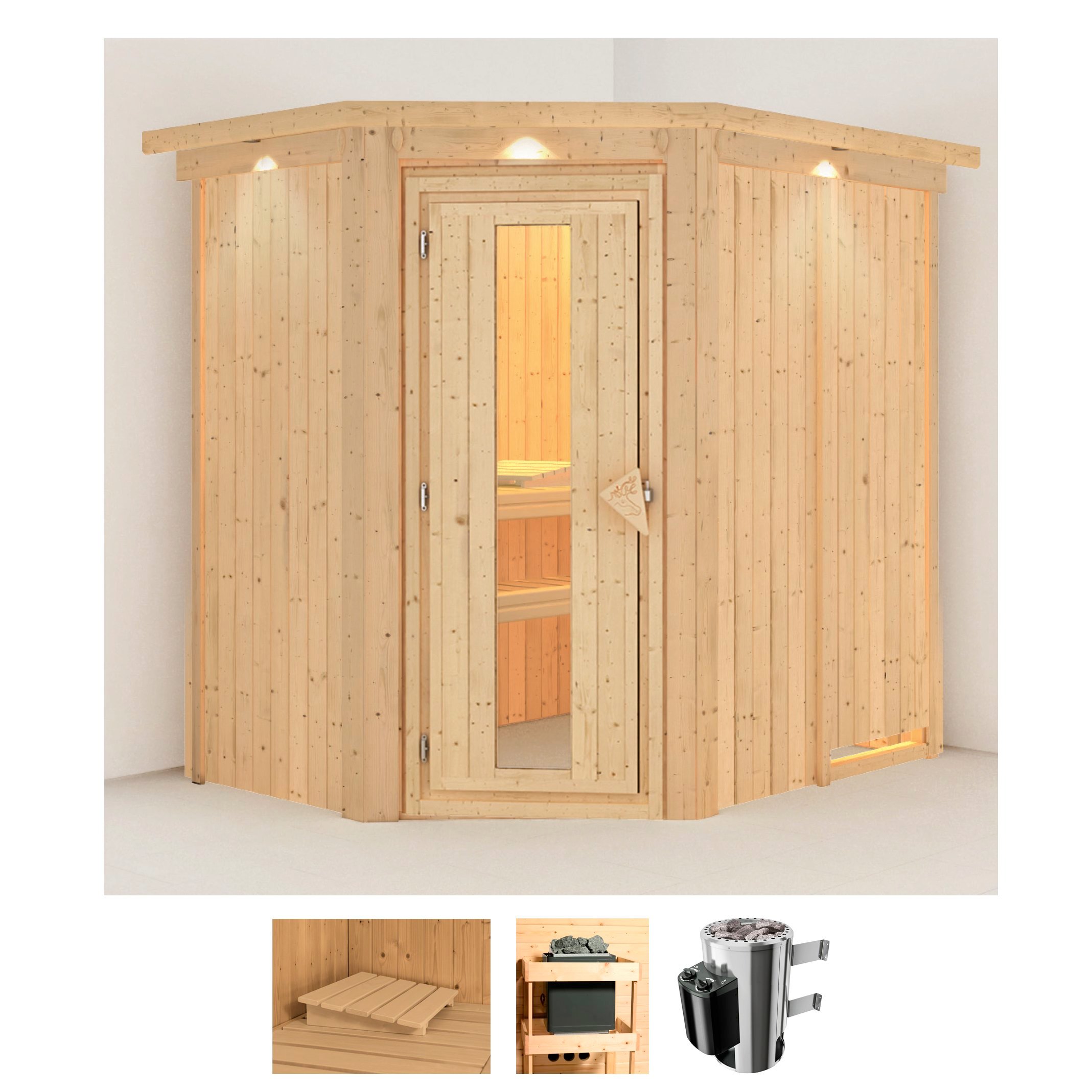 Sauna KARIBU "Swantje", beige (naturbelassen), Saunaofen, integrierte Steuerung, 3,6 kW, Saunen, 3,6-kW-Plug & Play Ofen mit integrierter Steuerung Image