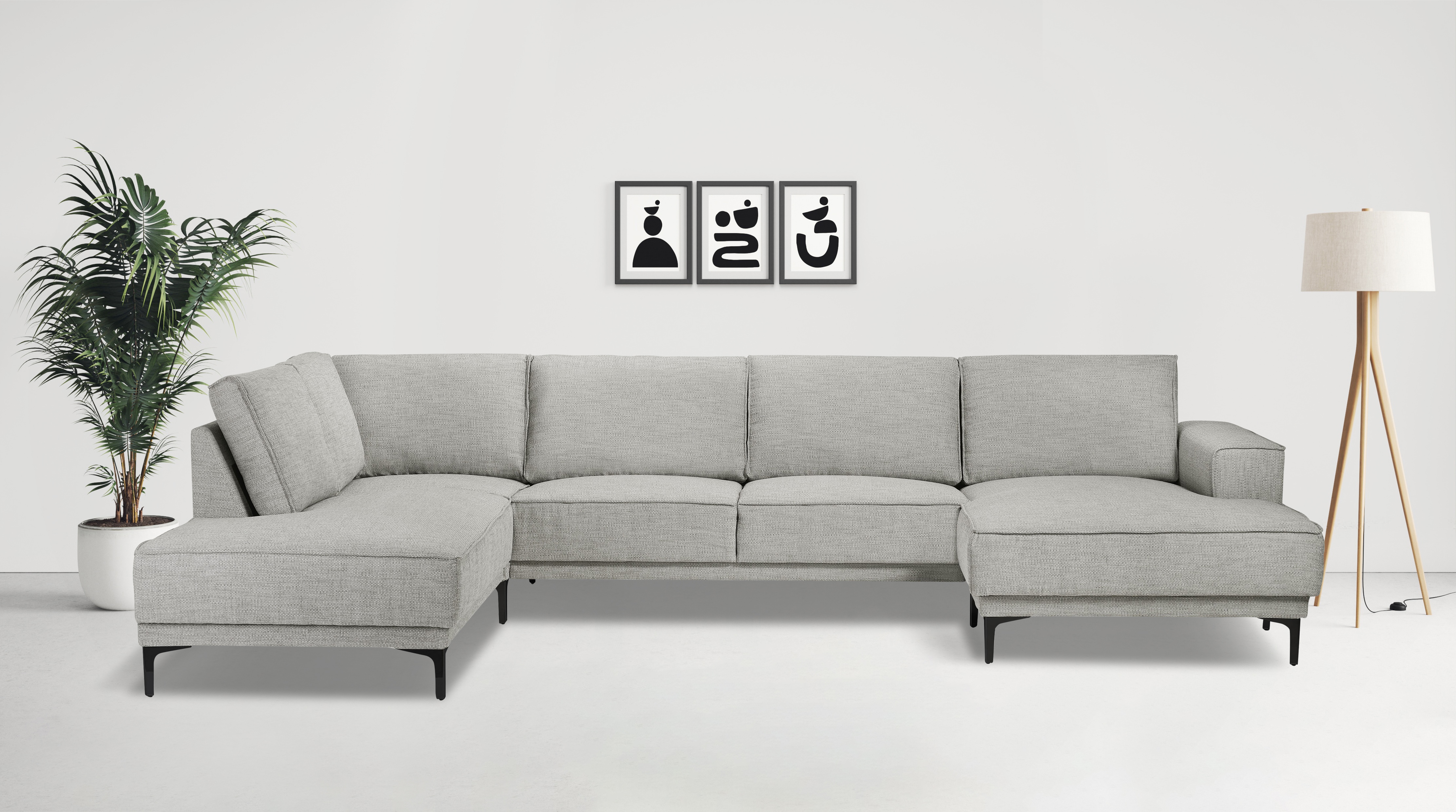 Wohnlandschaft OTTO HOME "XXL Sofa Oland, Struktur, Flachgewebe, Luxus-Microfaser, Boucle", braun (latte), B:345cm H:85cm T:210cm, 100% Polyester, Sofas, Wohnlandschaft, U-Form, 345 cm, Wellenunterfederung, Skandi-Design, Metallfüße