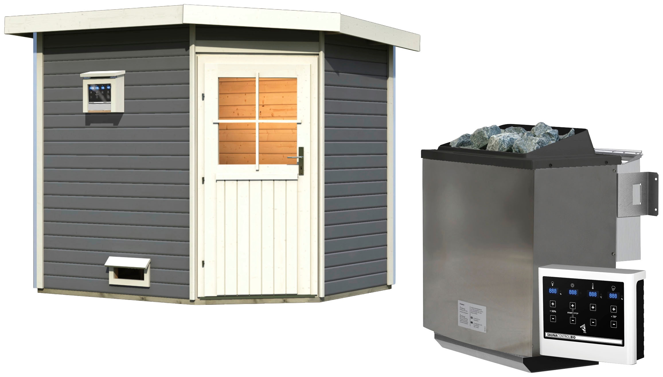 Saunahaus KARIBU "Tore", grau (terragrau), Bio-Ofen, externe Steuerung, 9 kW, Saunen, Ofen 9 kW Bio externe Strg easy