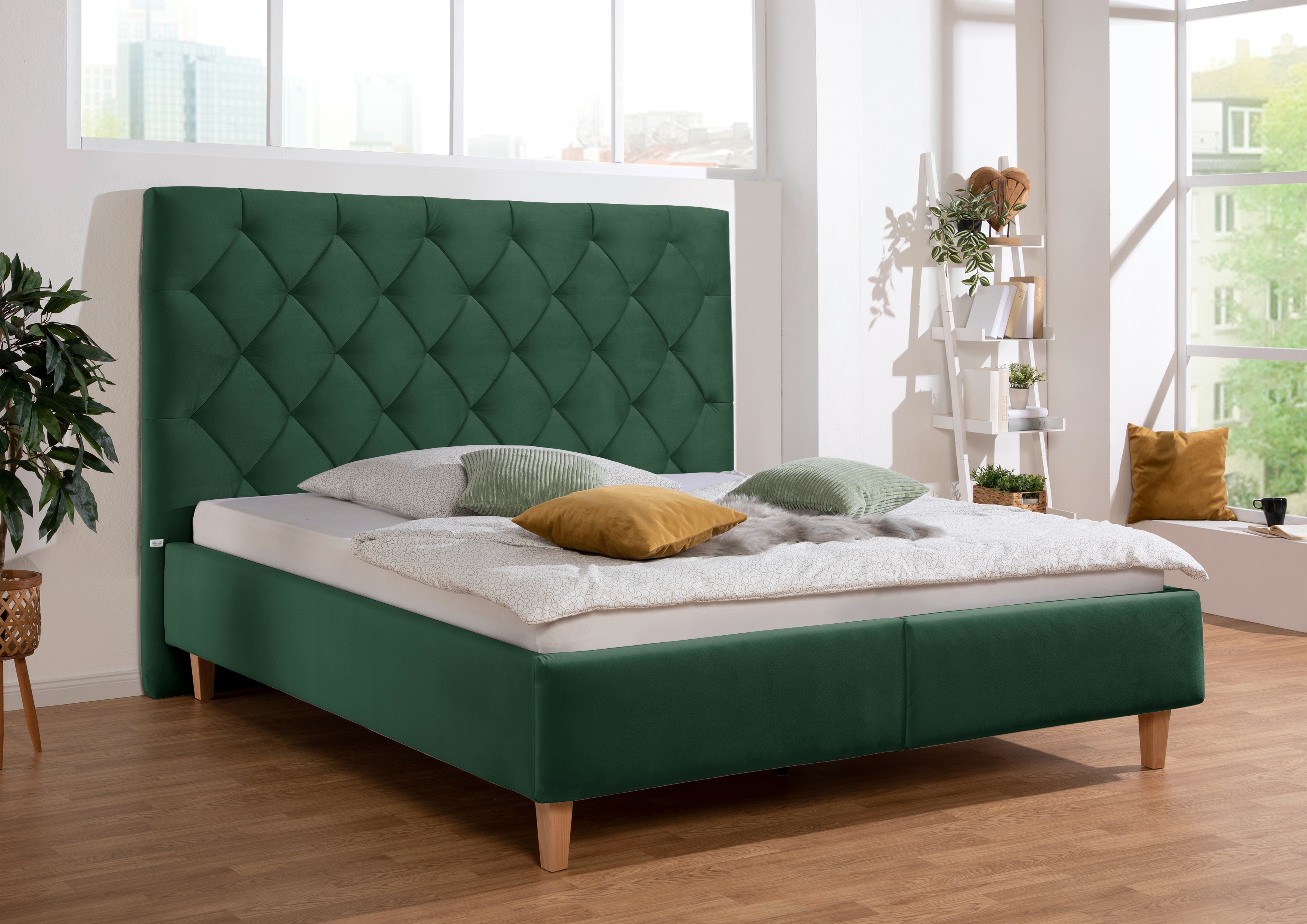 Polsterbett HOME AFFAIRE "Sunley 140", grün, B:183cm L:210cm, Struktur (100% Polyester);Samtstoff (100% Polyester), Betten, Kreuzsteppung, Kopfteilhöhe 142 cm, ohne oder mit Matratze/Lattenrost Image