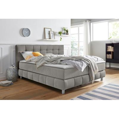 Boxspringbett ANDAS "Salo", grau (hellgrau), B:194cm L:211cm, Struktur (100% Polyester), Bezug der Spiegelfläche Matratzendrell aus 100% Polyester, Samtoptik (100% Polyester), Komplettbetten, Boxspringbett, incl. Topper, 6 Breiten, 2 Härtegrade, TFK... Image