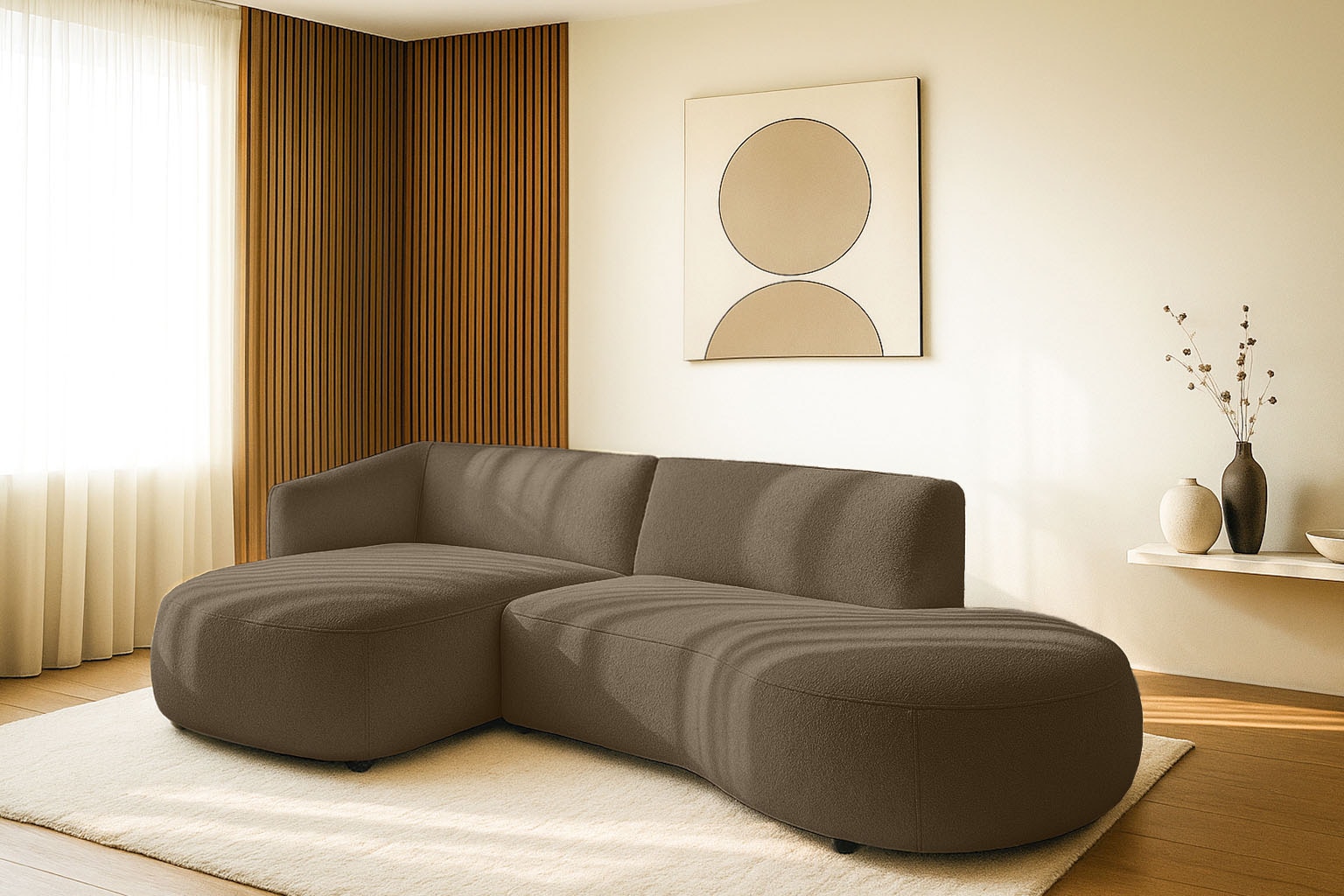 Ecksofa HOME AFFAIRE "OSTRUP Rundsofa, L-Form, Naturtöne, Boucle", grau (taupe), B:278cm H:73cm T:152cm, 100% Polyester, Sofas, Ecksofa, Breite 278 cm, organische Form mit sanften Rundungen