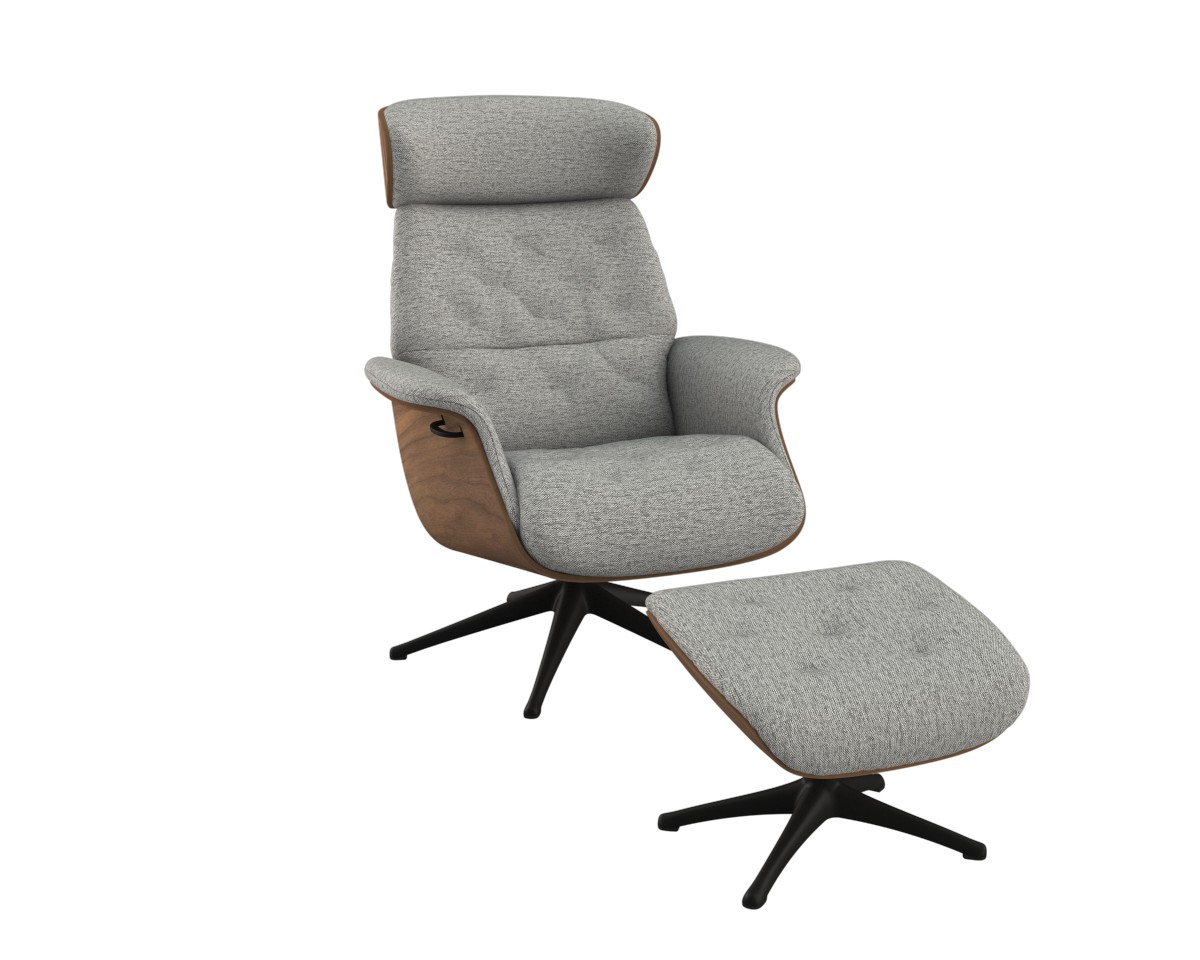 Relaxsessel FLEXLUX "Volden Fernsehsessel, verstellbarer Rücken- & Kopfstütze, drehbar", grau (sophisto grau), B:83cm H:112cm T:125cm, 100% Polyester, Sessel, Relaxsessel, Rücken- und Kopfteilverstellung, Drehbar, Fuß Schwarz Armlehne Walnuss