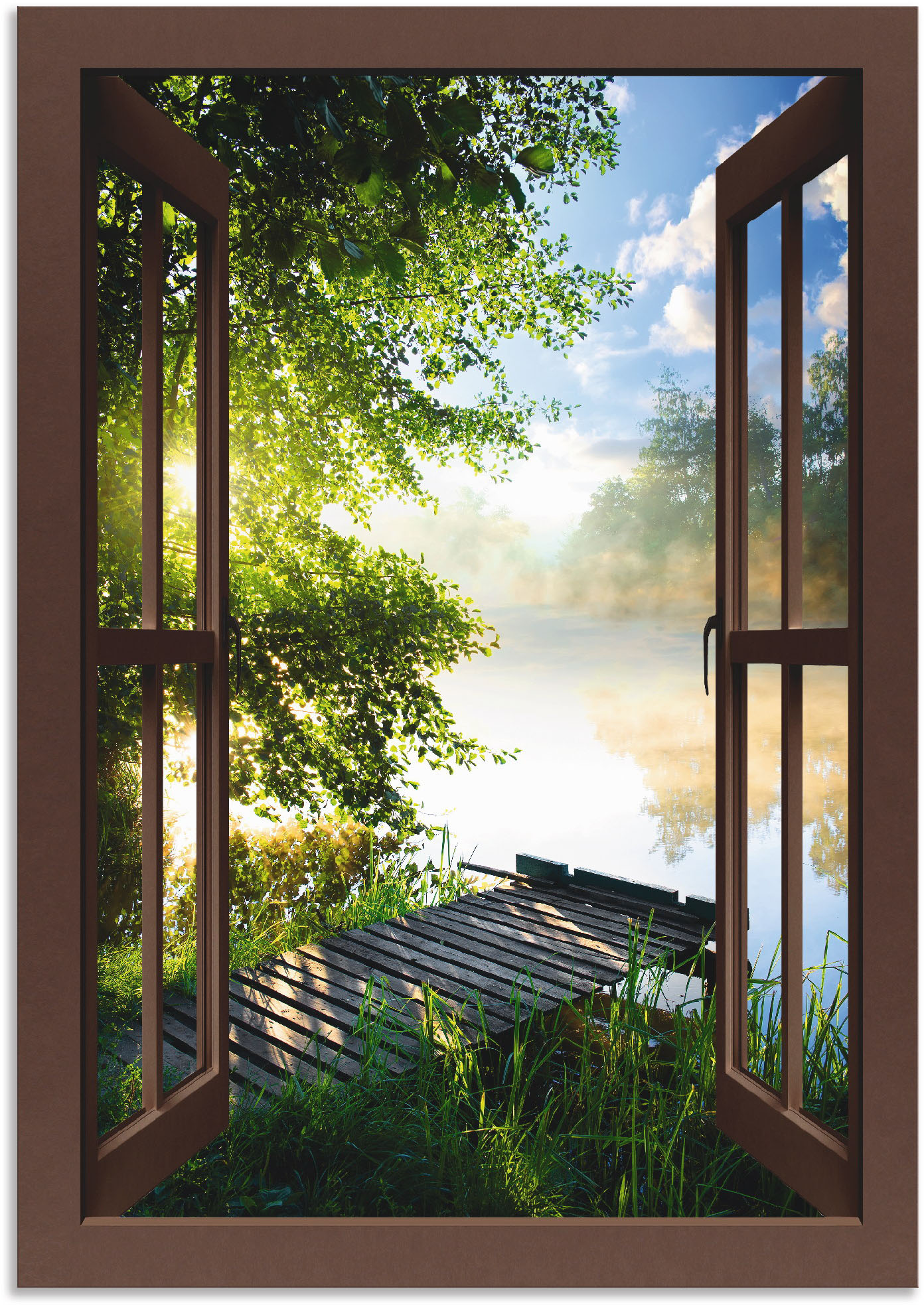 Wandbild ARTLAND "Fensterblick Angelsteg am Fluss", braun (farbe bild(er): braun), B:70cm H:100cm, Bilder, als Alubild, Outdoorbild, Leinwandbild, Poster, Wandaufkleber Image