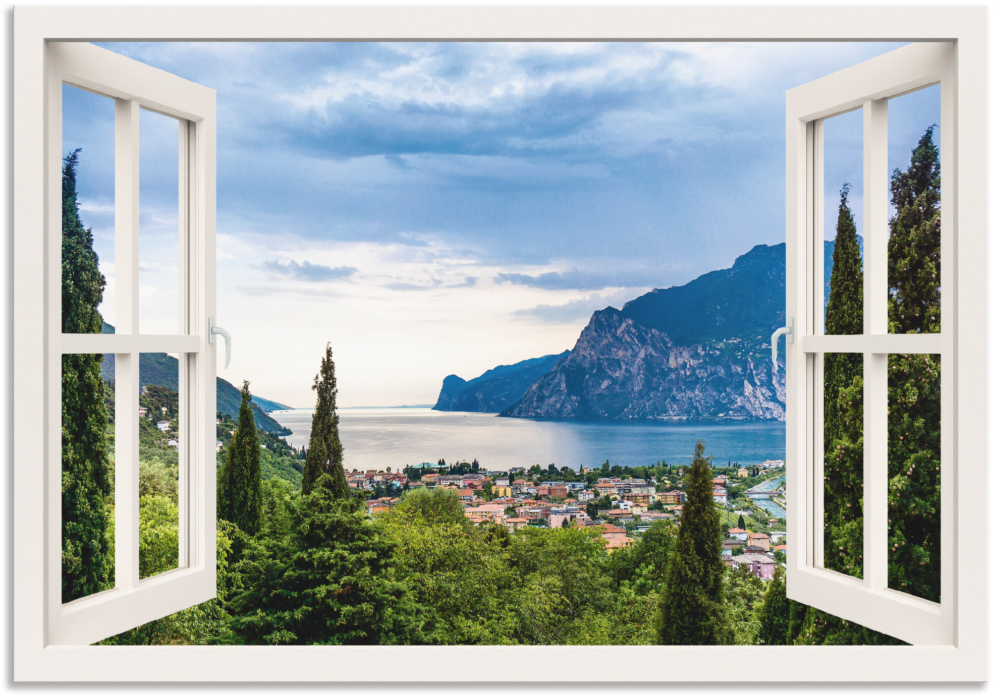 Wandbild ARTLAND "Gardasee durchs weiße Fenster", grün (farbe bild(er): grün), B:100cm H:70cm, Bilder, als Alubild, Outdoorbild, Leinwandbild, Poster, Wandaufkleber Image