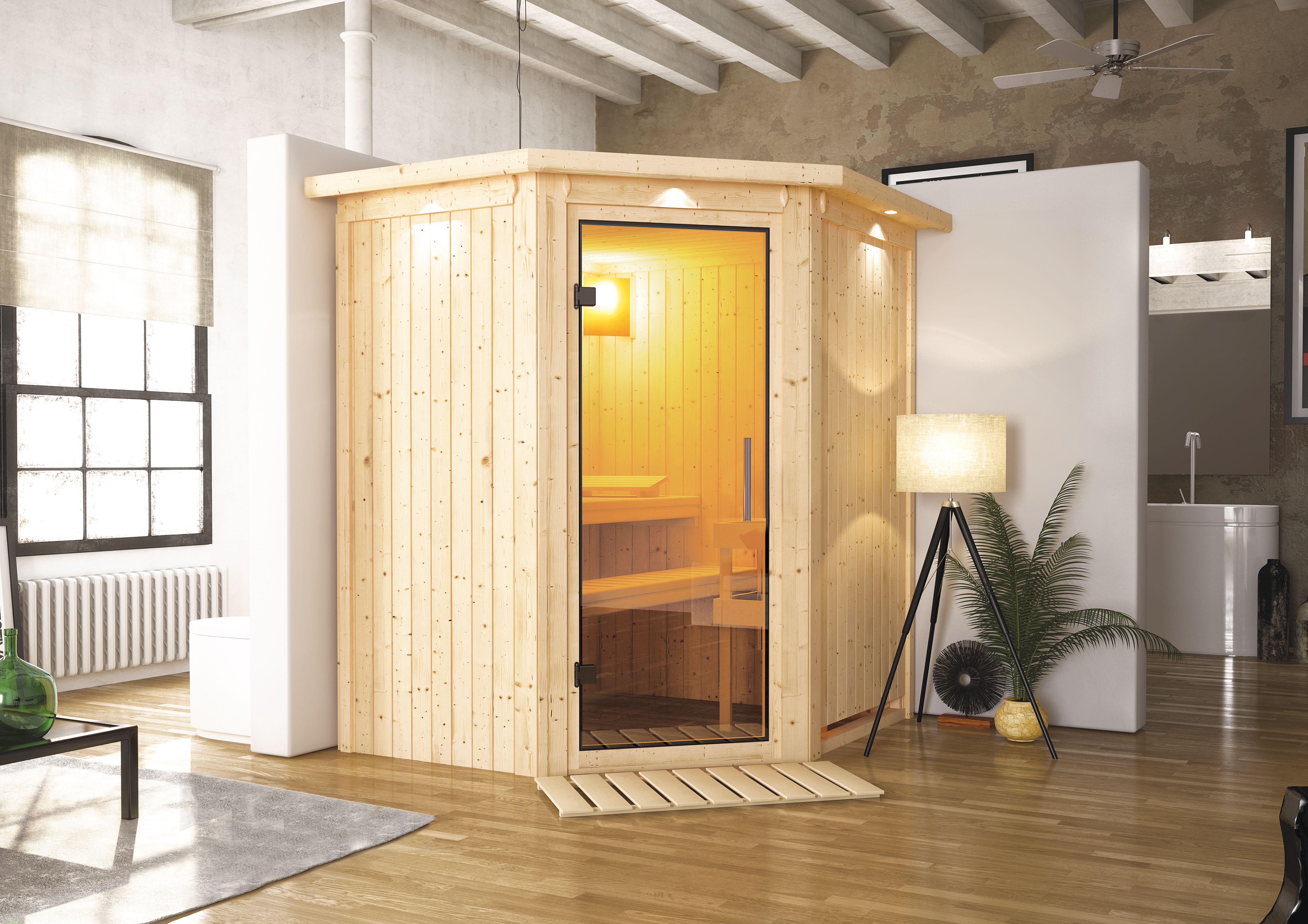 Sauna KARIBU "»Liyah« mit Klarglastür und Dachkranz", beige (naturbelassen), ohne Ofen, ohne Steuerung, (ohne Ofen), Saunen, in verschiedenen Ausführungen erhältlich Image