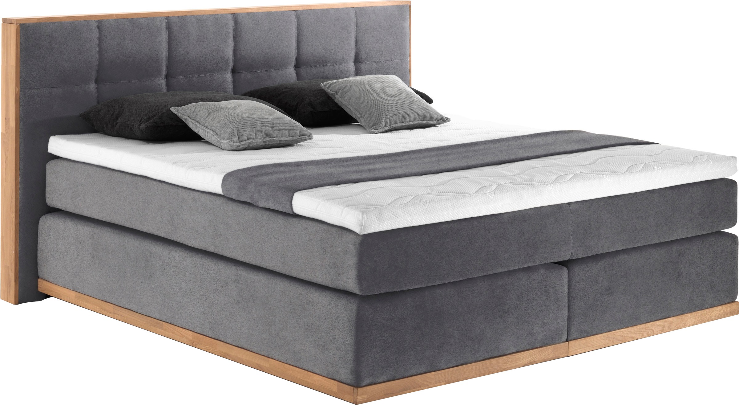 Boxspringbett PLACES OF STYLE "Vinton", grau (steel), B:180cm L:213cm, Komplettbetten, Boxspringbett, aus massiver Eiche, verschiedene Härtegrade (auch H4) Image