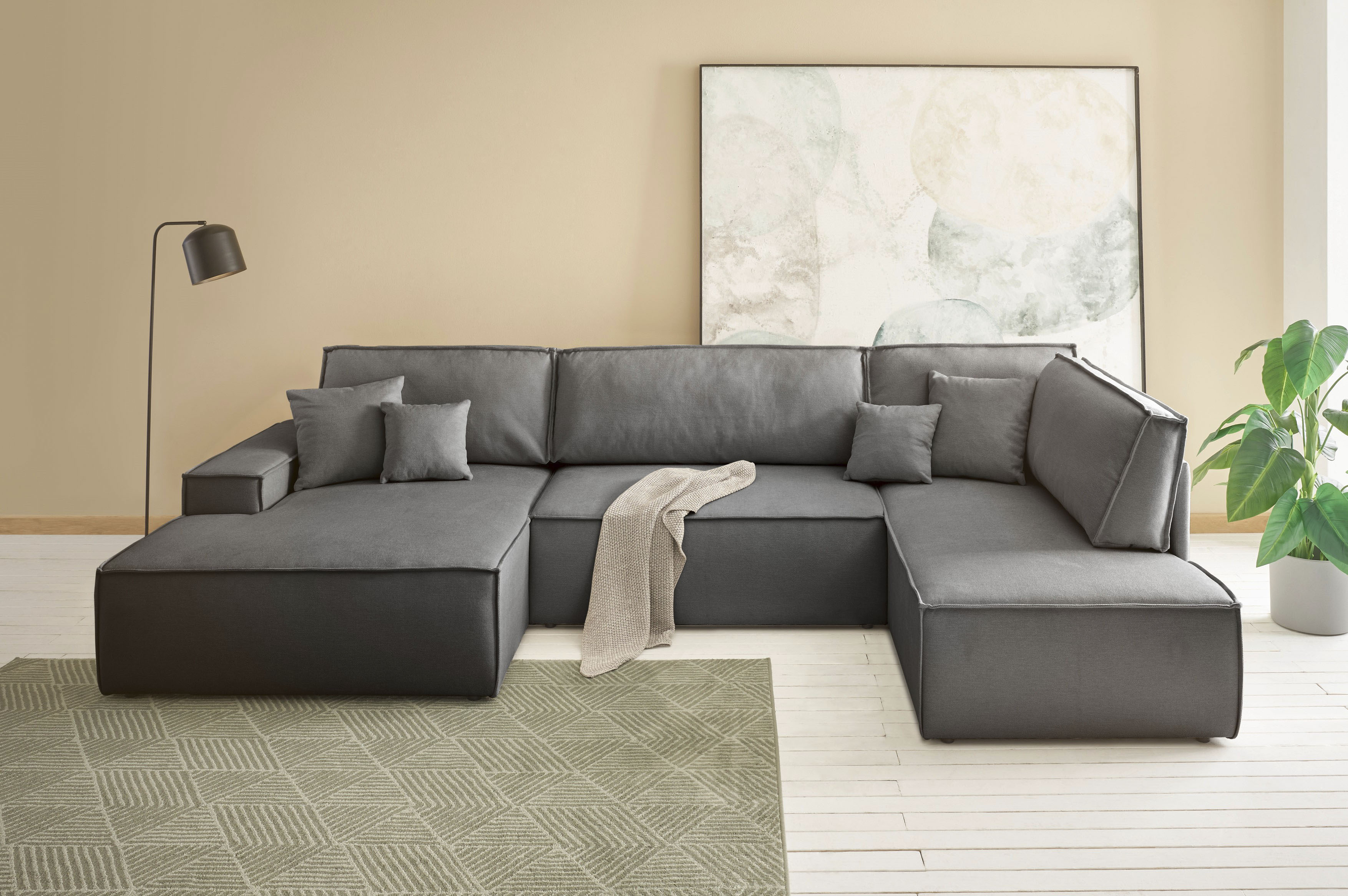 Wohnlandschaft OTTO HOME "FINNLEY, U-Form XXL 329 cm, Schlafsofa, Schlaffunktion m. Bettkasten", grau (anthrazit), B:329cm H:85cm T:195cm, Bezugstoff 100% PES ;Atmungsaktives Gewebe ;Easy Clean ;Gramatur 340g/ qm +/- 5%, Sofas, Wohnlandschaft,...