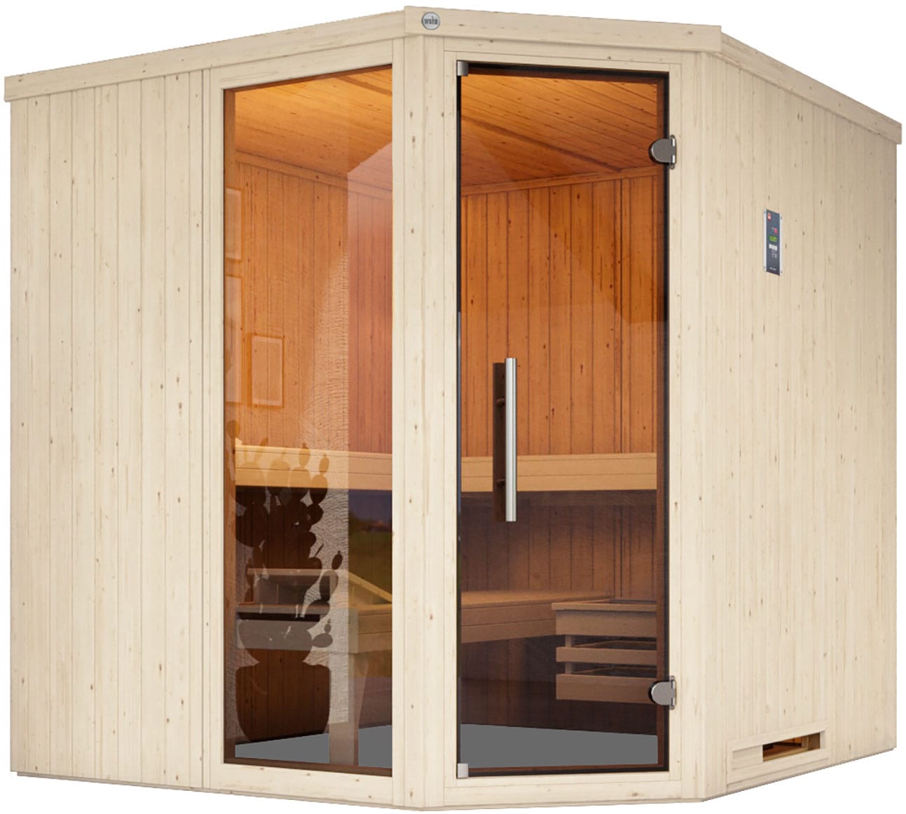 Sauna WEKA "Element-Ecksauna VARBERG 3", weiß, Bio-Ofen, externe Steuerung, 7,5 kW, Saunen, vorgefertigte Elemente, moderne Ganzglastür, bodenl. Fensterelement