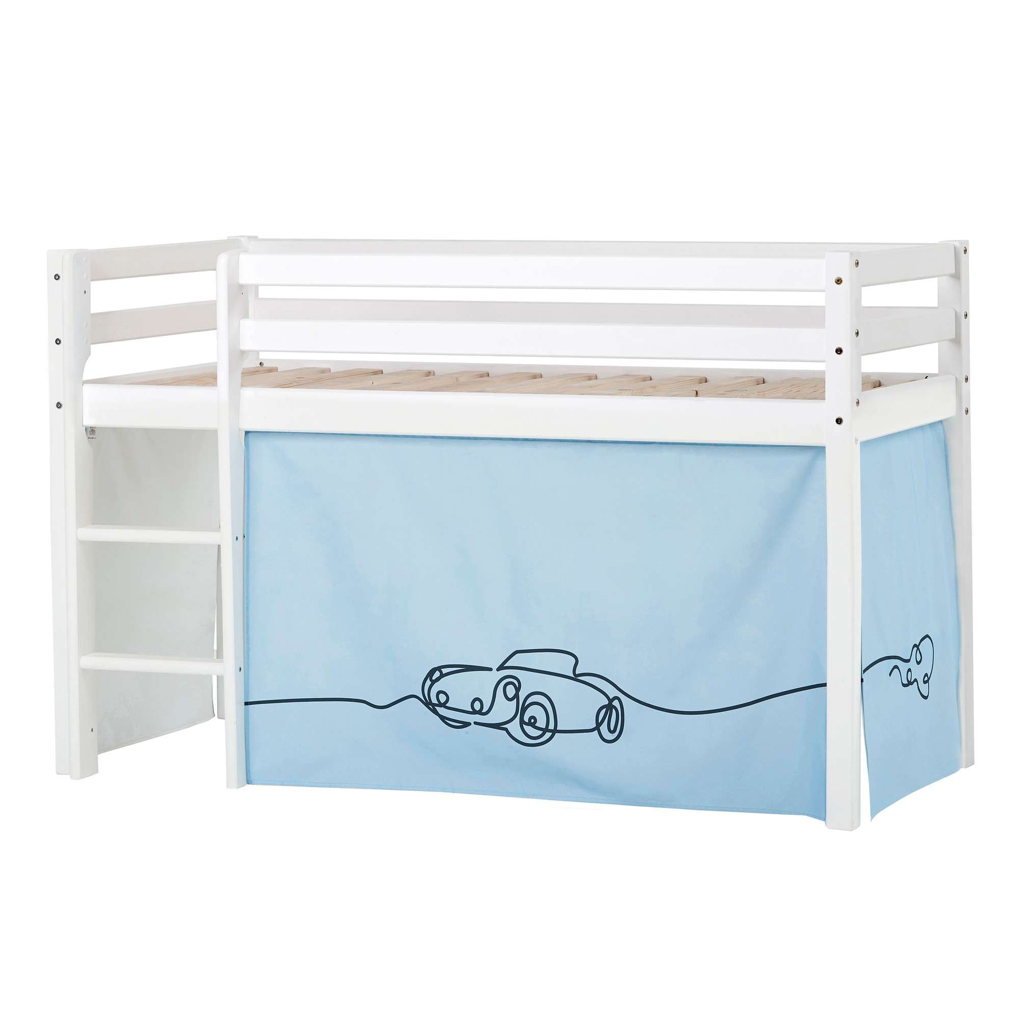 Hochbett HOPPEKIDS "ECO Dream, Kinderbett, Spielbett, Halbhohes Bett aus Massivholz", blau (weiß, cars blau), B:81cm H:105cm L:168cm, Kinderbett: 100% Massivholz: Nordische Kiefer, Vorhang: 100% Baumwolle, Hochbetten, Hochbett Kinderbett, inkl....