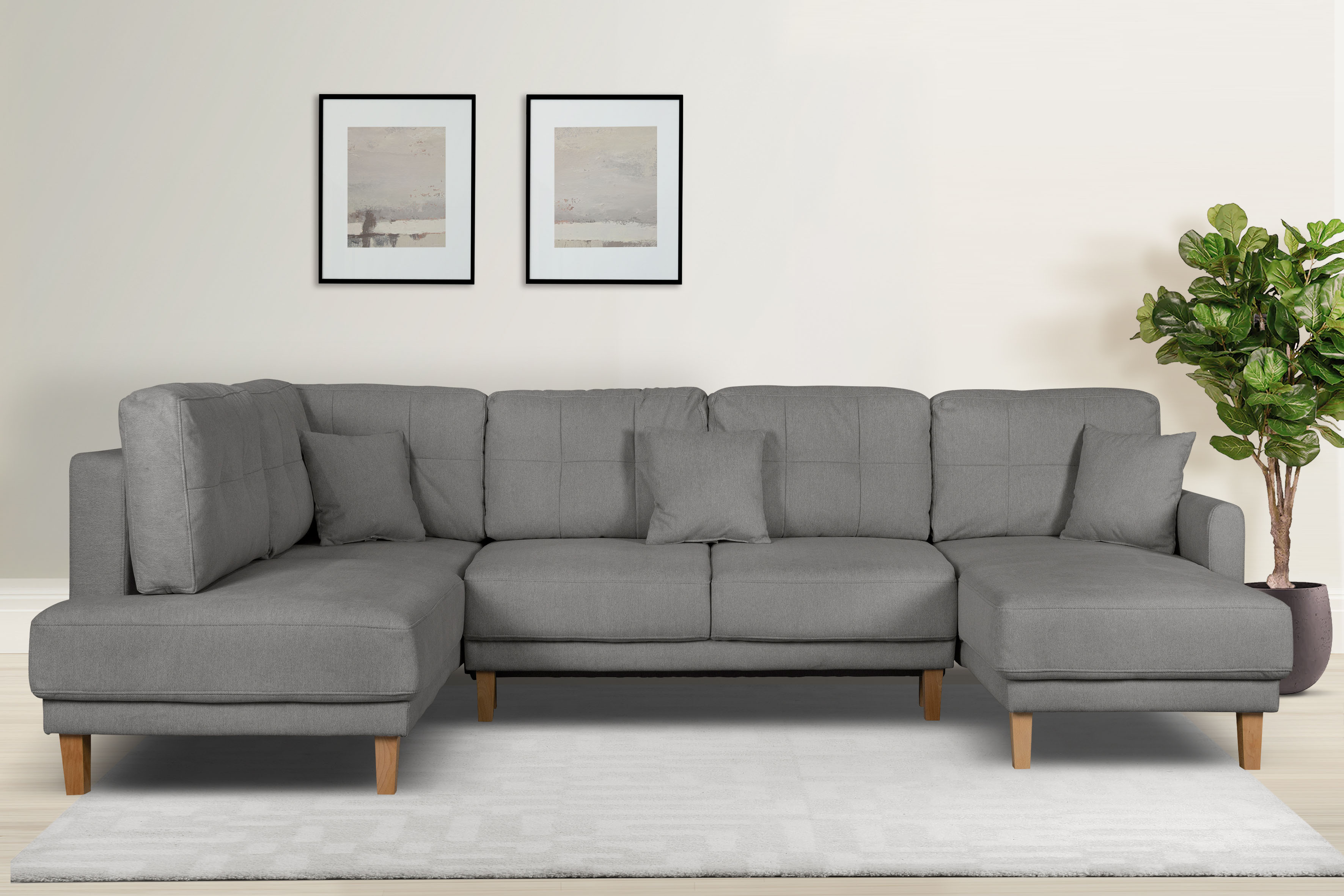 Wohnlandschaft HOME AFFAIRE "TRIPLO U-Form wahlweise mit Schlaffunktion, B/T/H: 310/192/90 cm", grau, B:310cm H:90cm T:192cm, 88% Polyester, 9% Rayon, 3% Nylon, Sofas, Wohnlandschaft, Schlafsofa, auch mit Bettkasten, Steppung im Rückenkissen