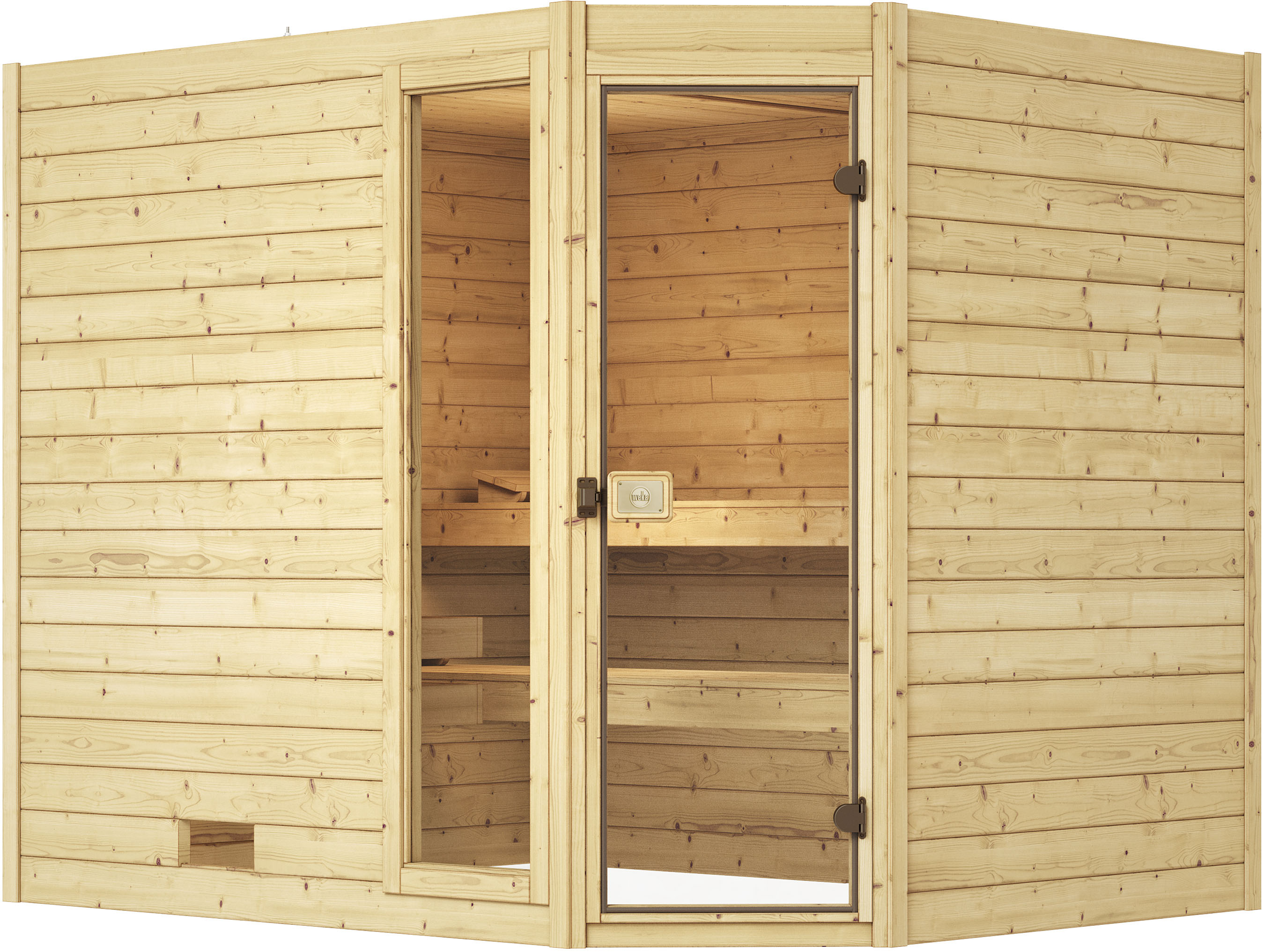 Sauna WEKA "Massivholzsauna VALIDA Eck 3", beige (natur), Bio-Ofen, externe Steuerung, 9 kW, Saunen, Blockbohlen, Fensterlement, moderne Ganzglastür