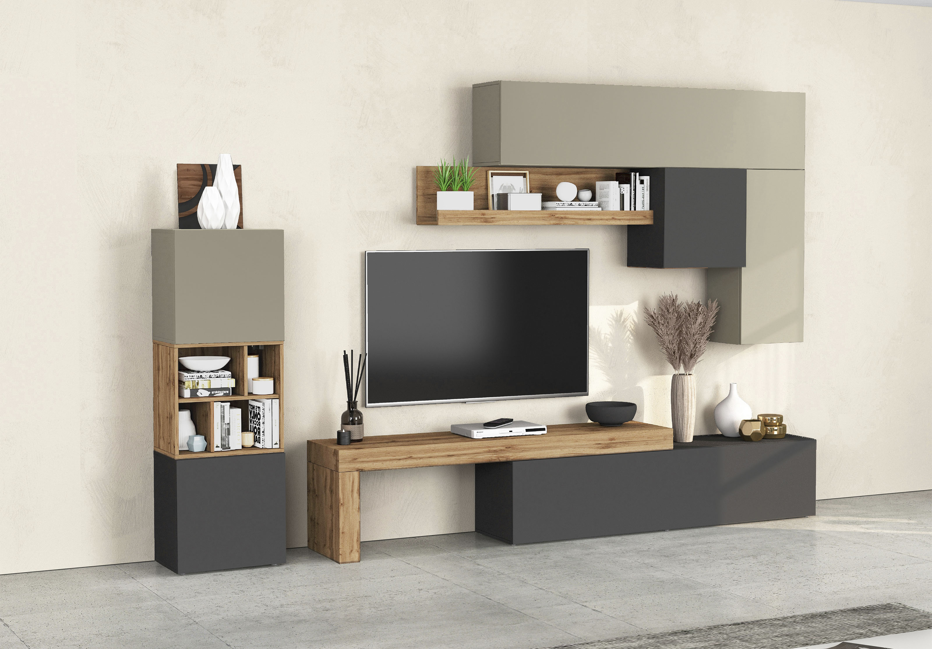 Wohnwand INOSIGN "Chronos Wohnwand, Medienwand, 8-er set", grau (anthrazit, taube, eiche wotan), Holzwerkstoff, Kastenmöbel-Sets, ca. 320 cm mit Hängeschränke, Würfel, Regal, Lowboard, Made in Italy