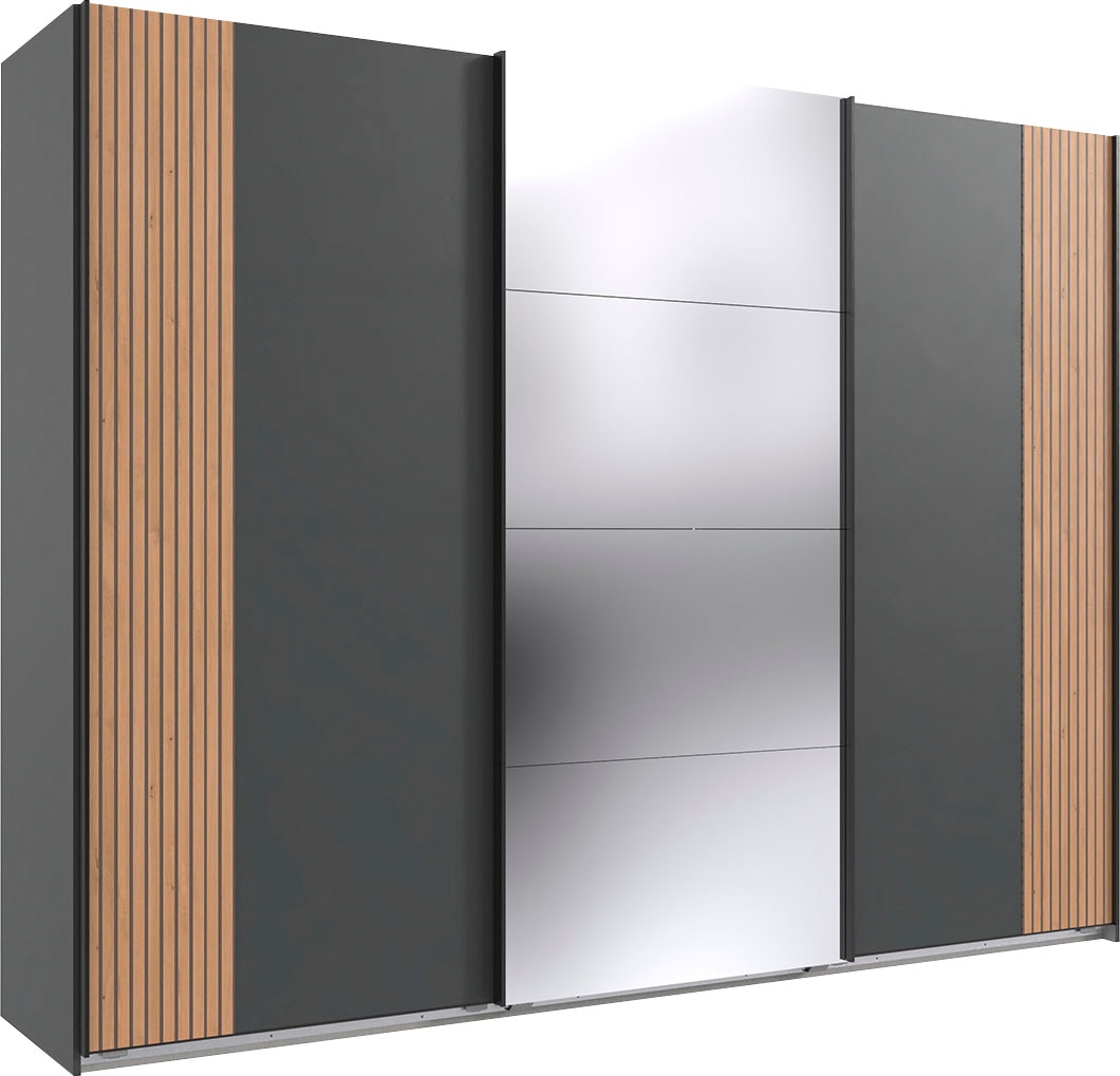 Schwebetürenschrank WIMEX "Malaga", grau (graphit, akustiklamellen nachbildung in artisan eiche nachbildung), B:270cm H:208cm T:65cm, Spanplatte, Schränke, Schwebetürenschrank, Kleiderschrank 3-türig mit Akustiklamellen-Optik und Spiegel