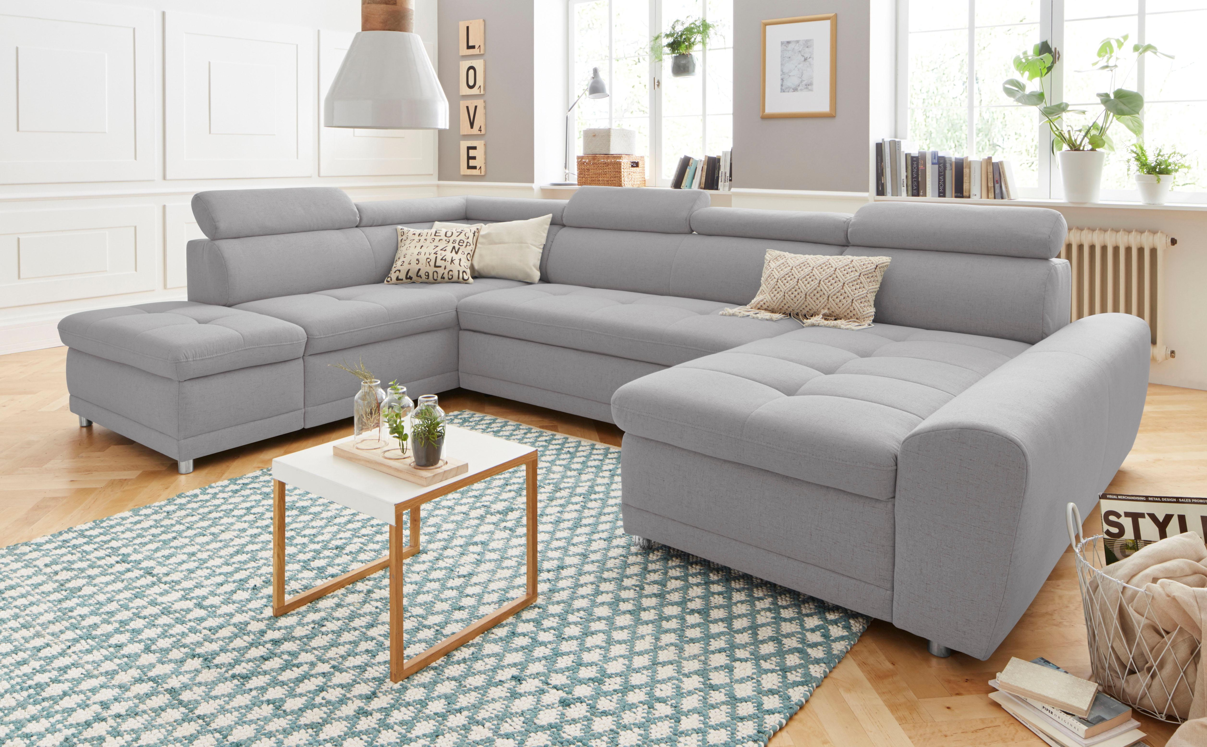 Wohnlandschaft SIT & MORE "Riva U-Form", grau, B:337cm H:92cm T:95cm, Struktur (100% Polyester);Flachgewebe (100% Polyester);Luxus-Microfaser (100% Polyester), Sofas, wahlweise mit Bettfunktion Image